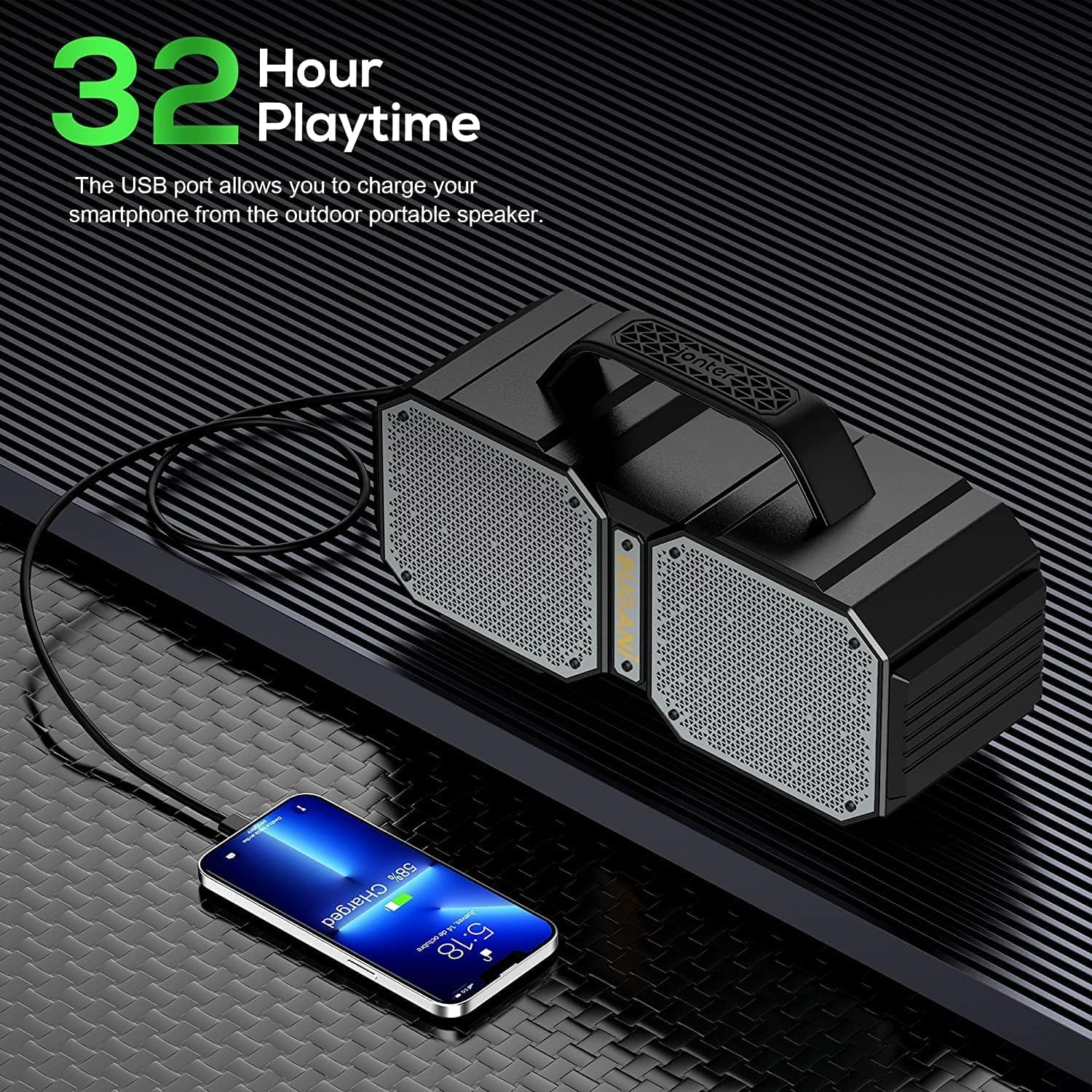 Bugani Shock Bluetooth Speaker, Portable Bluetooth 5.3, Waterproof, 60W Super Power, Outdoor Speaker, Black(New Model)