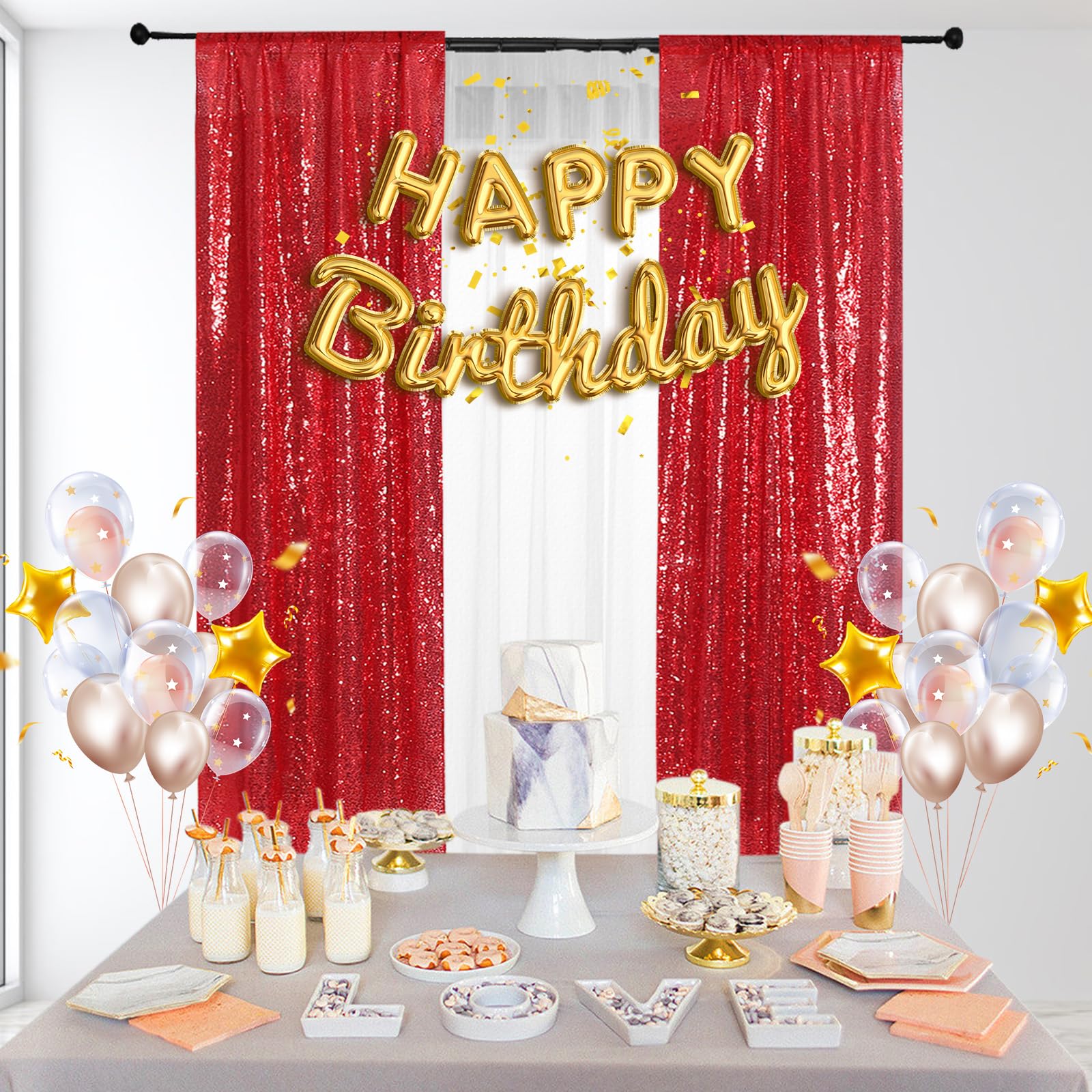 Partydelight Red 2Ft X 8Ft Sparkly Sequin Backdrop Curtains, 2 Panels, For Wedding, Party, Room Decorations