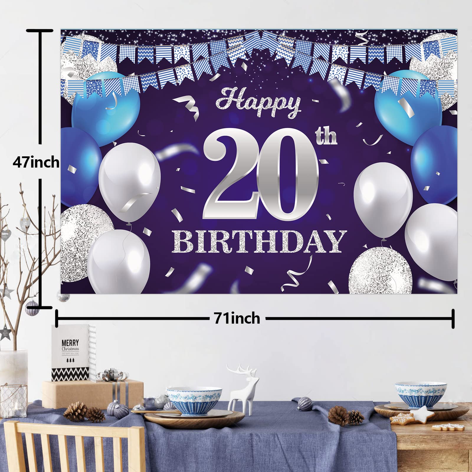 Happy 20Th Birthday Banner Backdrop Navy Blue Balloons Confetti Stripe Flag Light Spots Cheers To 20 Years Old Theme Decorations