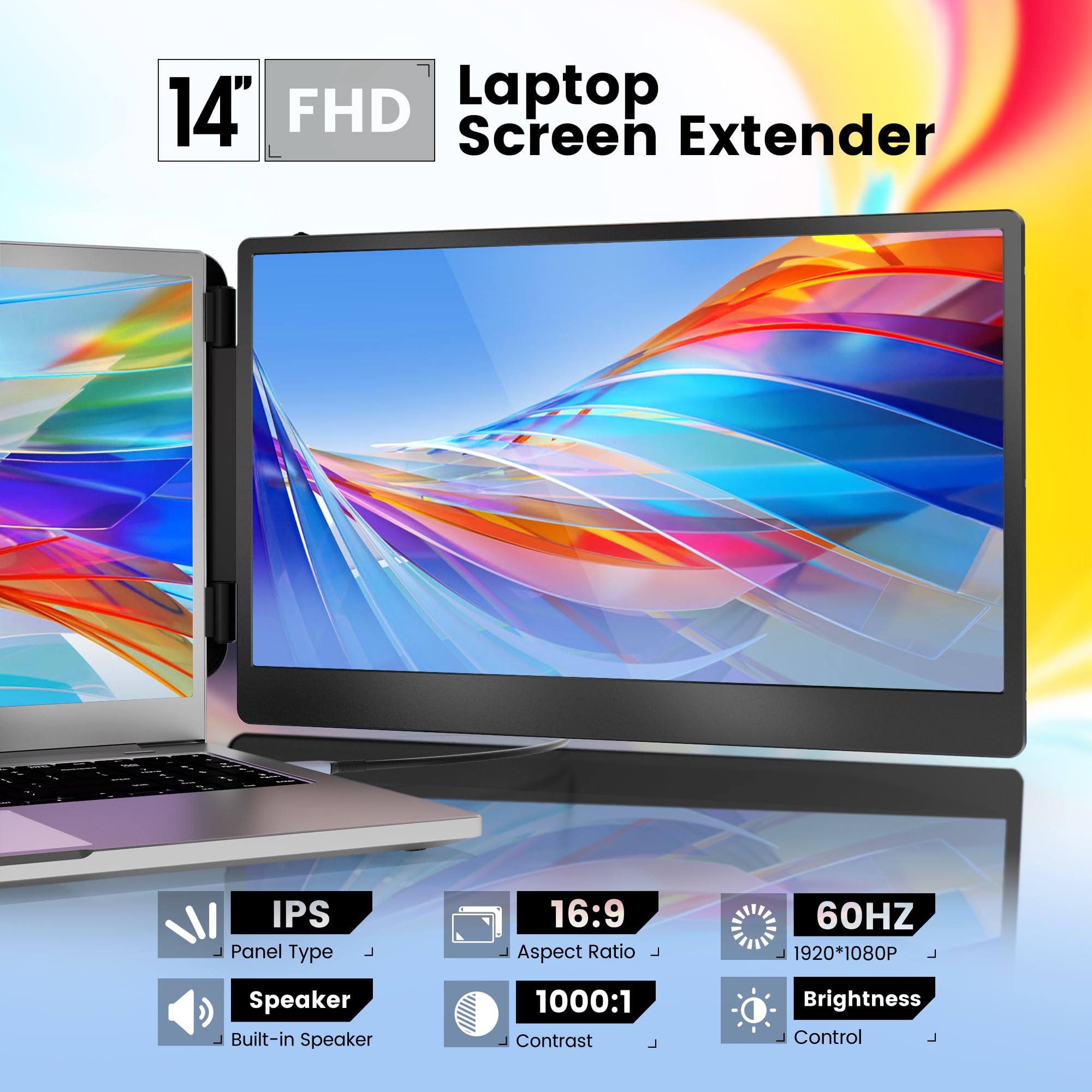 Domyfan 14'' Laptop Monitor Extender, Fhd 1080P Ips Dual Laptop Screen Extender, Hdmi/Usb A/Type C Plug And Play For Windows, Ma