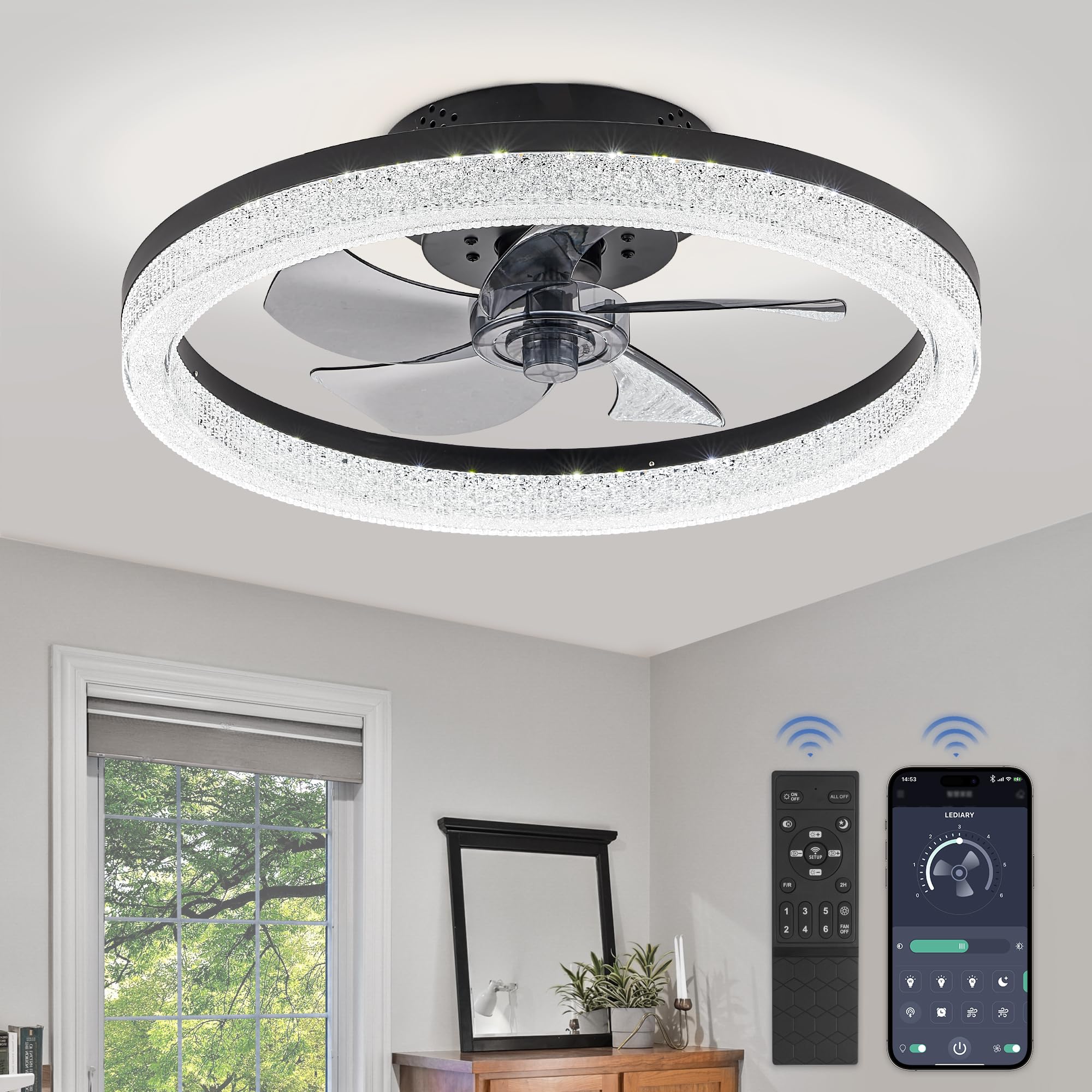 LEDIARY 20 Low Profile Ceiling Fan with Light and Remote, Dimmable Modern Flush Mount Ceiling Fan, Black Bladeless Ceiling Fan, 
