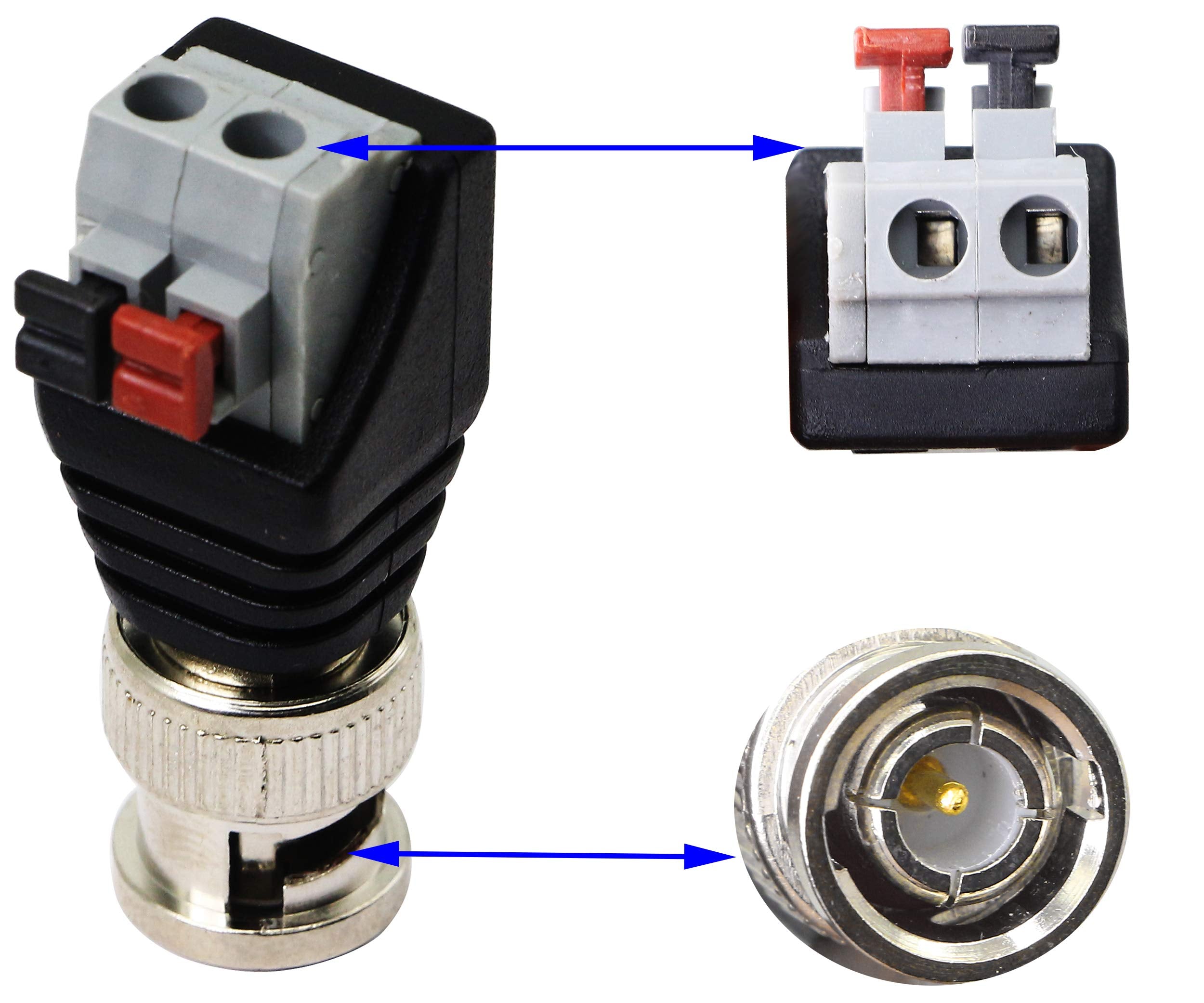 Zdycgtime Bnc Video Baluns Adapter Bnc Male Plug To 2 Pin/Way Screw Terminal Video Audio Spring Press Type Balun With Solderless