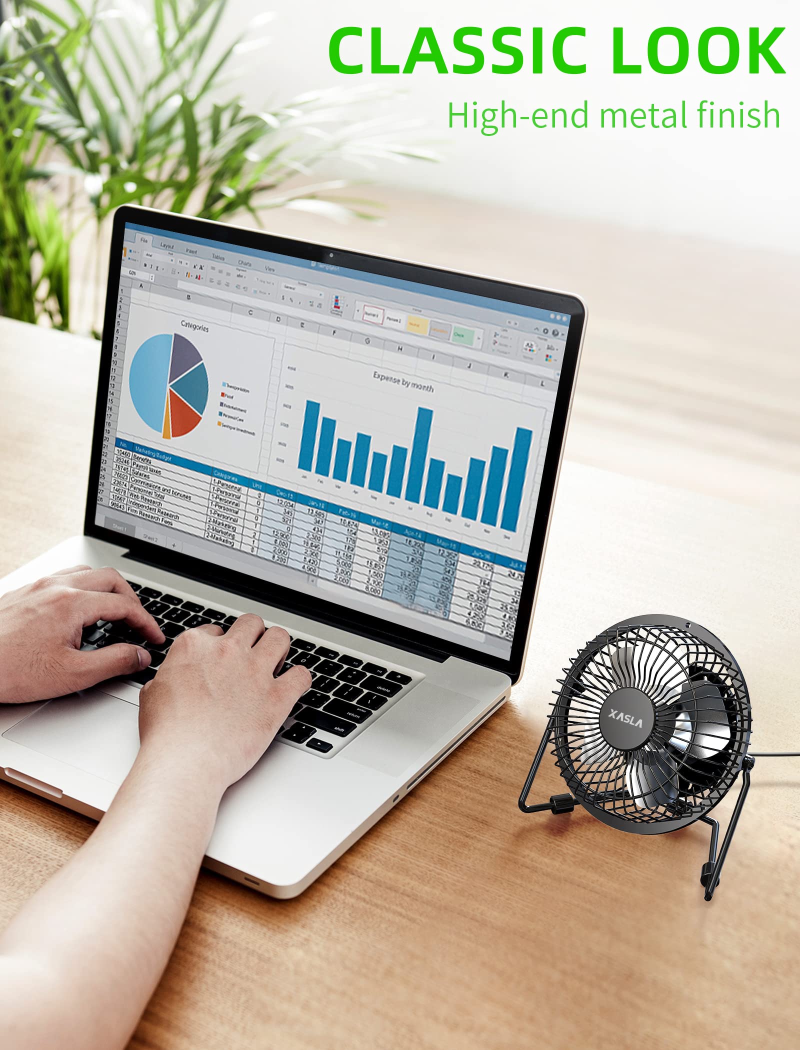 Xasla 4 Inch Small Usb Desk Fan, Mini Quiet Fan With Metal Construction & Strong Airflow & 360Adjustable Tilt Angle, Personal Co