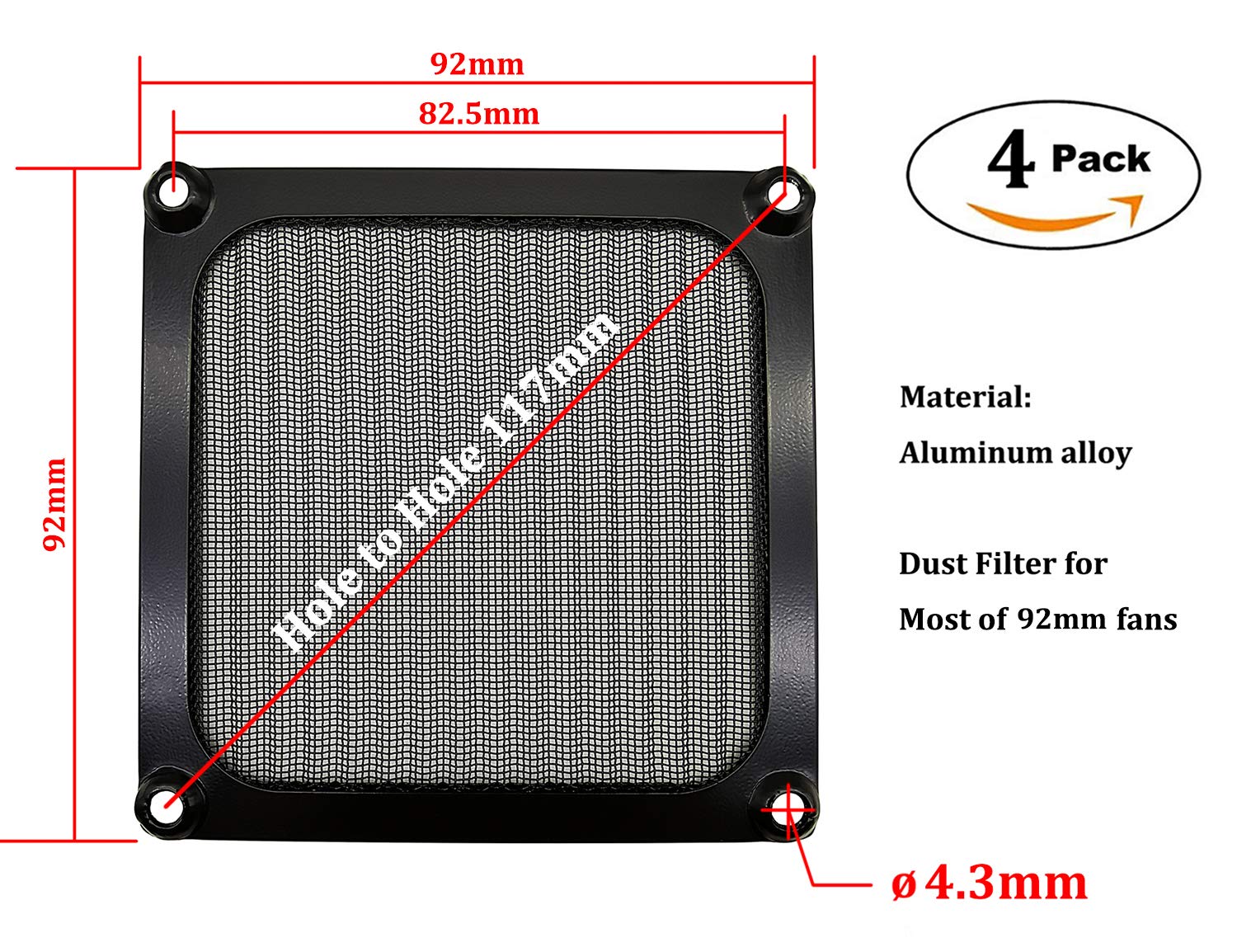90Mm 92Mm Computer Fan Filter Grills With Screws, Aluminum Frame Ultra Fine Stainelss Steel Mesh   4 Pack (Black)