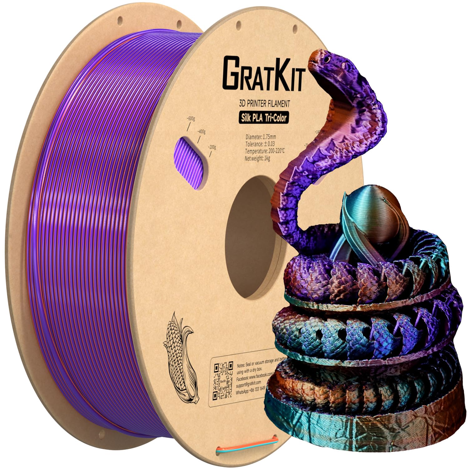 Gratkit Silk Tri-Color PLA Filament,Coextrusion PLA Filament 1.75mm, -0.03mm, 1KG/Roll, Silk PLA Purple & Orange & Green