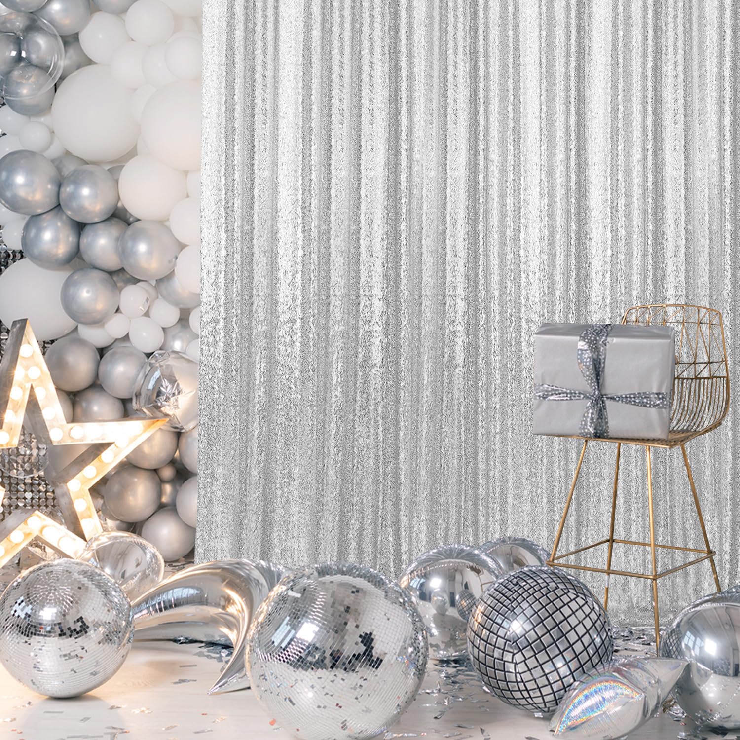 2  8Ft 4Pcs Silver Sequin Backdrop Curtains Panels, Photography Backdrop Glitter Curtains Fabric Background For Christmas Weddin