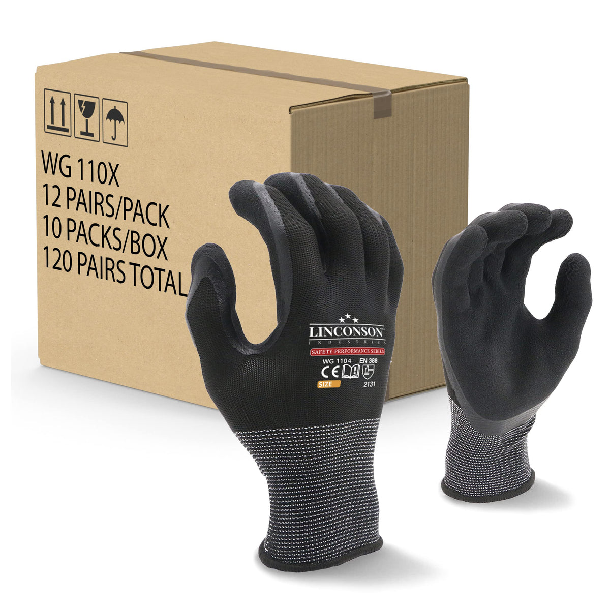 Linconson 12 Pack Safety Performance Series Construction Mechanics Work Gloves (Xl (120 Pairs), Black)