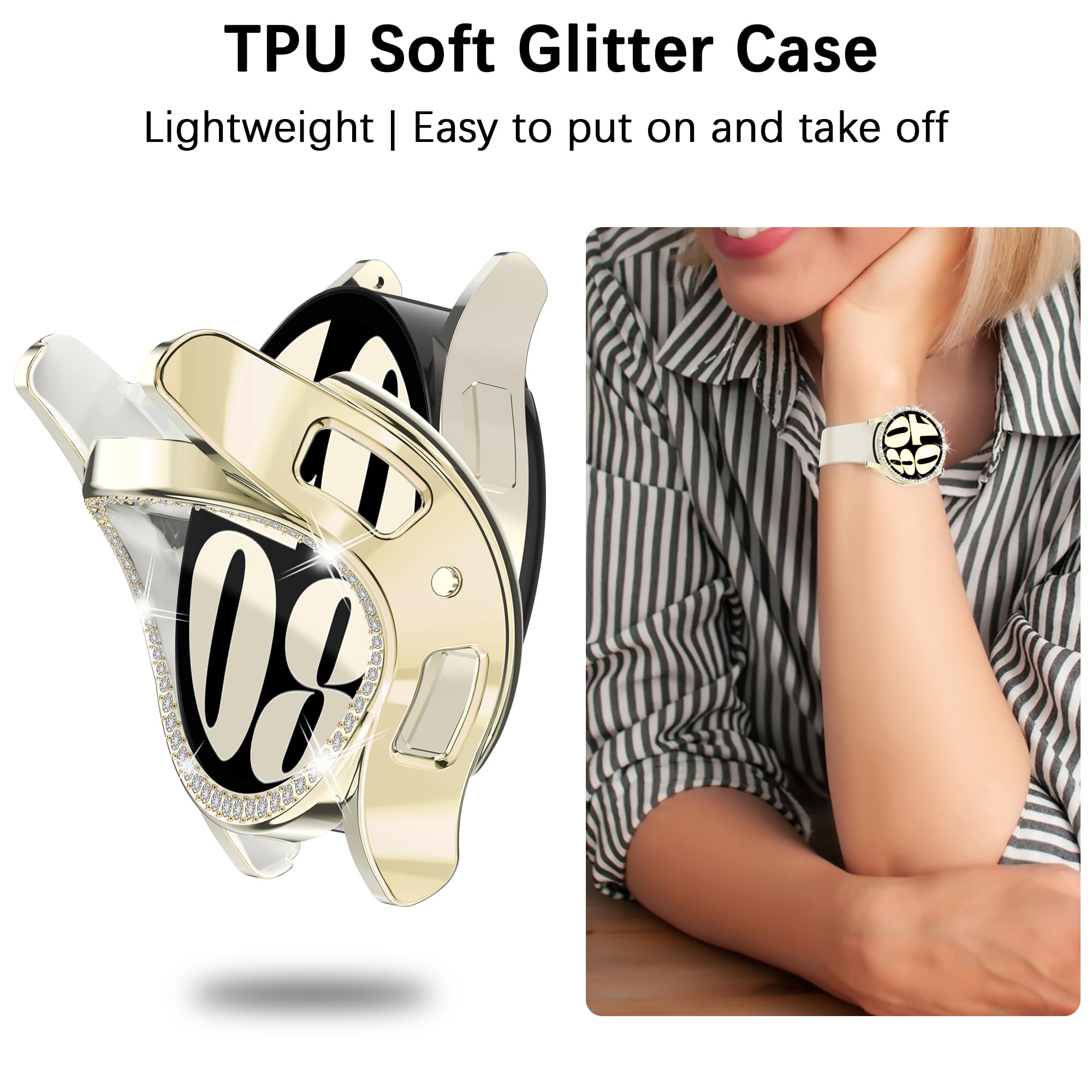 6-Pack Bling Watch Screen Protector For Samsung Galaxy Watch6 40Mm, Glitter Case Tpu Soft Cover Full Protection With Crystal Rhi