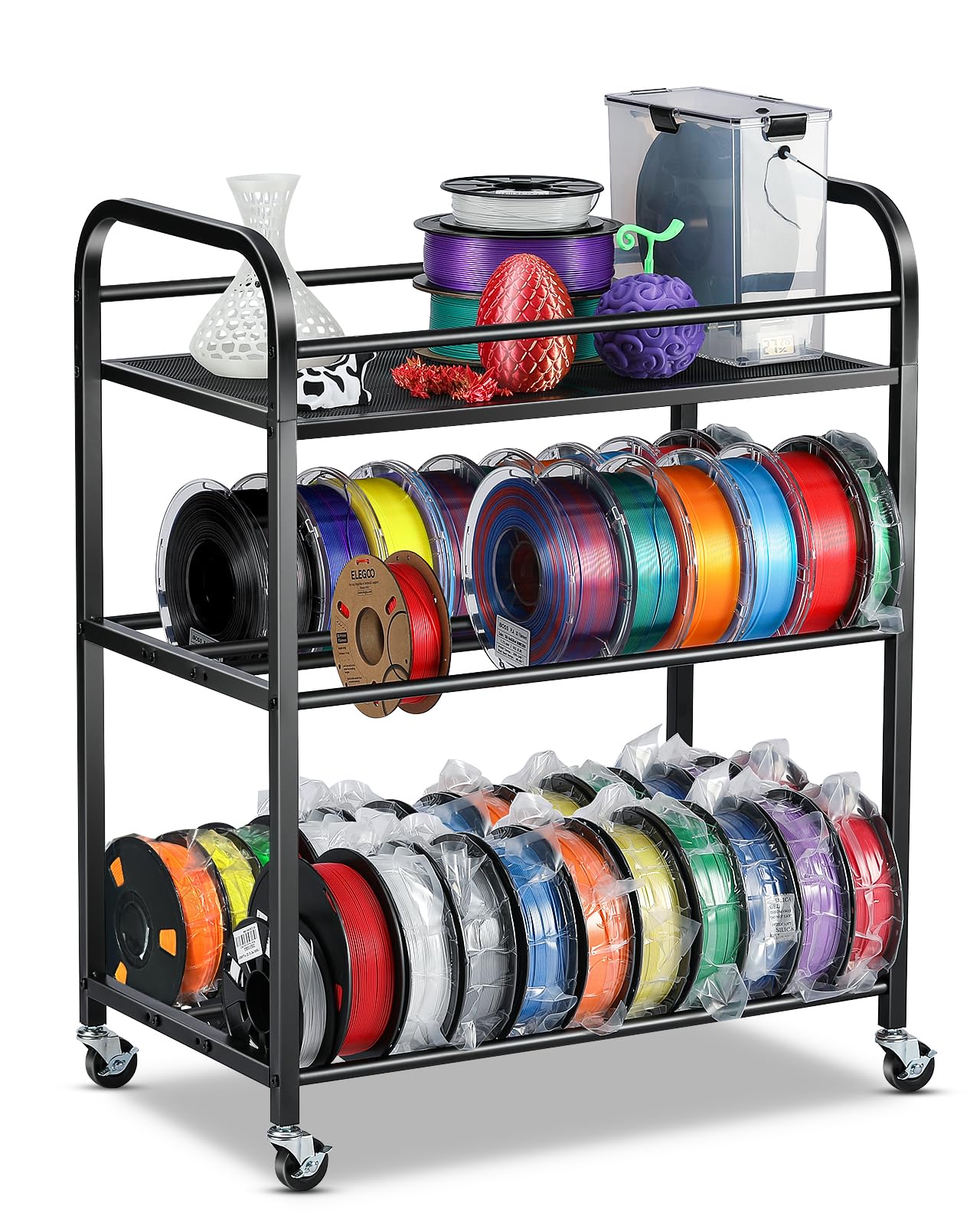 3D Printer Filament Storage Rack- Rolling Filament Spool Holders Racks with Wheels, Heavy Duty Metal Shelf for PLA/ABS/TPU/Nylon