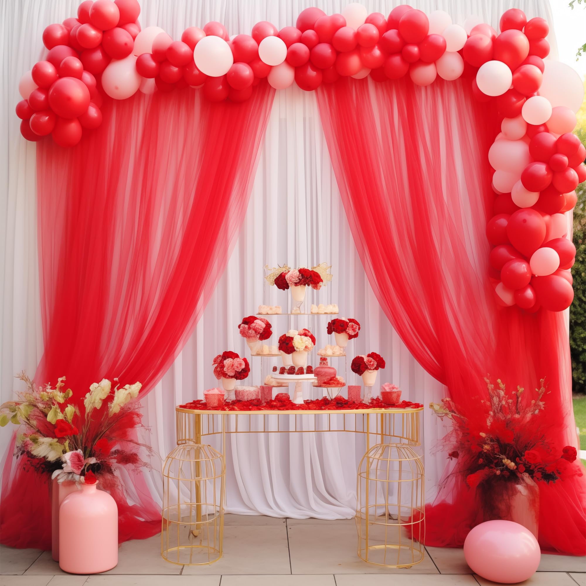 10X10 Red Tulle Backdrop Curtains For Parties, Sheer Backdrop Curtain Wedding Photo Backdrop Drapes For Baby Shower Photography