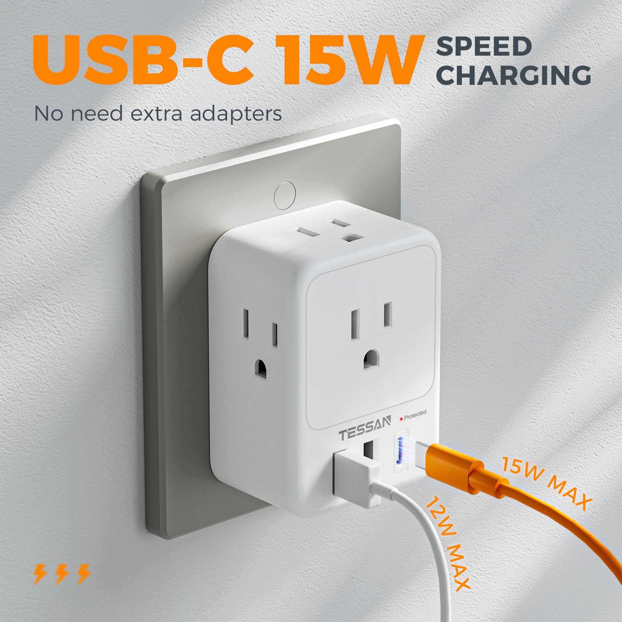 Usb C Charger Block, Tessan Outlet Extender Surge Protector With 3 Usb Ports (1 Usb C), 4 Ac Multi Plug Wall Outlet, 4 Sided Usb