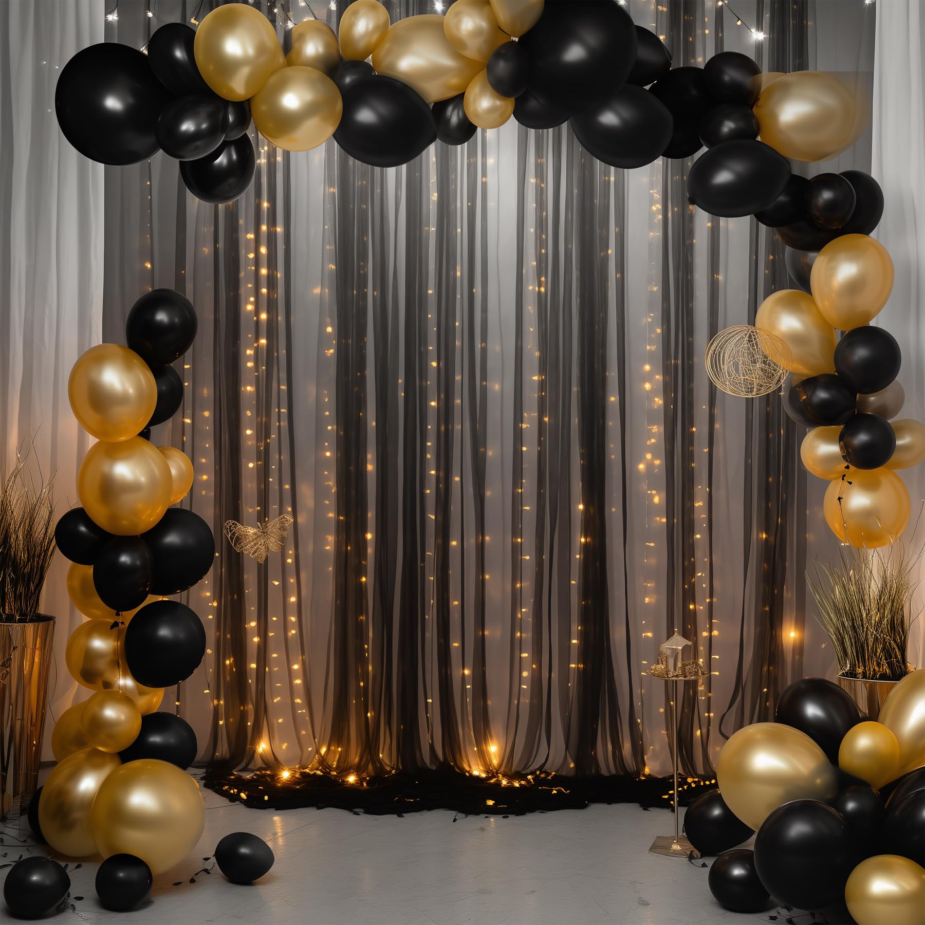 Wish Care 10X10Ft Sheer Black Backdrop Curtains For Parties, Tulle Wedding Arch Draping Fabric Photo Background For Birthday Par