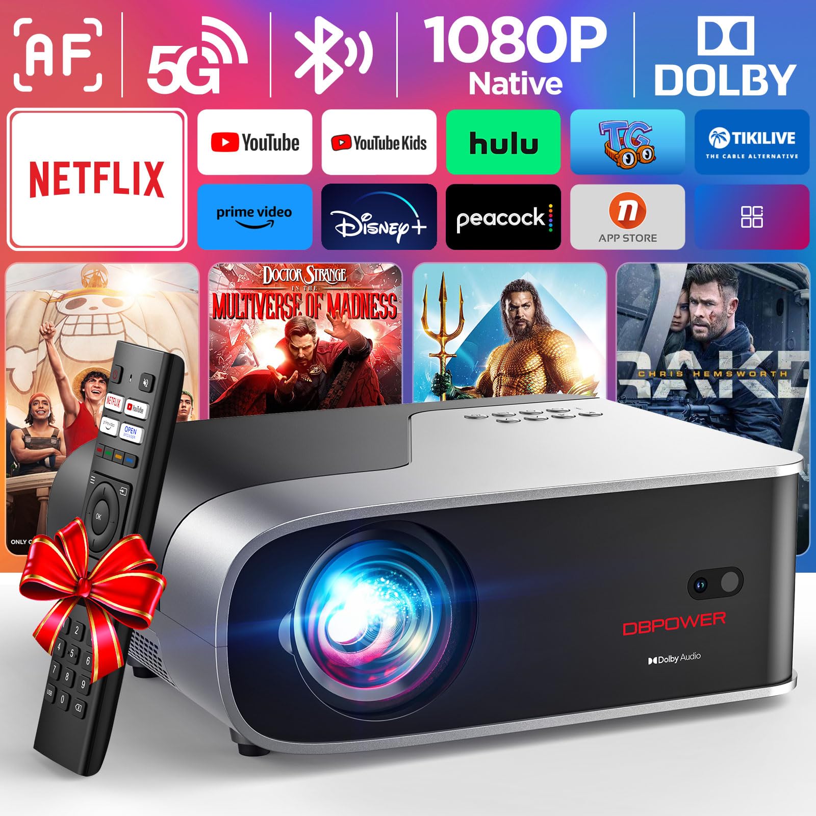 [Netflix Officially/Ai Auto Focus] Smart Projector With Wifi And Bluetooth,Dolby Audio,Dbpower Native 1080P Projector With Apps Built In Netflix/Hulu/Disney+/Peacock, 600Ansi Movie Projector