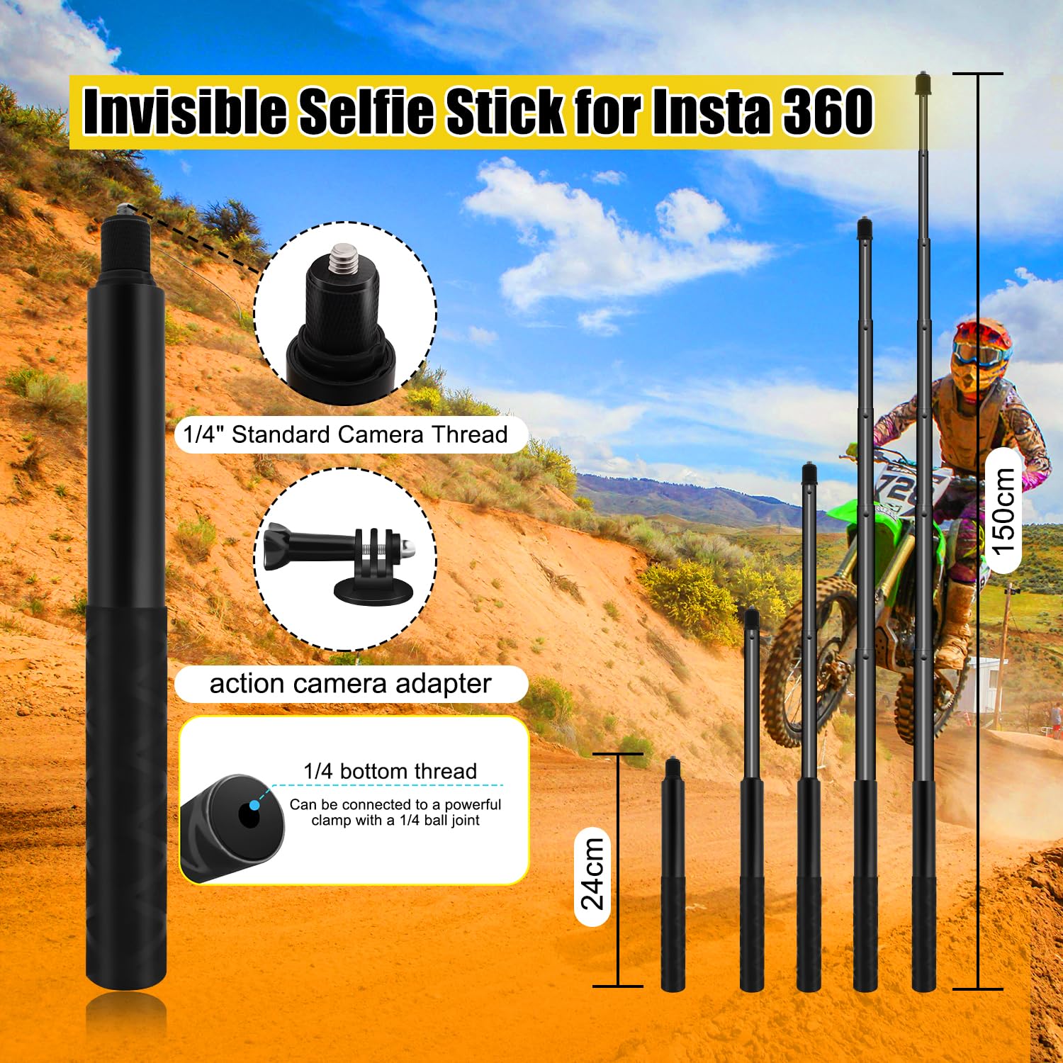 Hafoko Motorcycle Bike Handlebar Clamp Mount With 59'' Invisible Selfie Stick Compatible For Insta 360 X4 X3 X2 X One Rs R Go 3