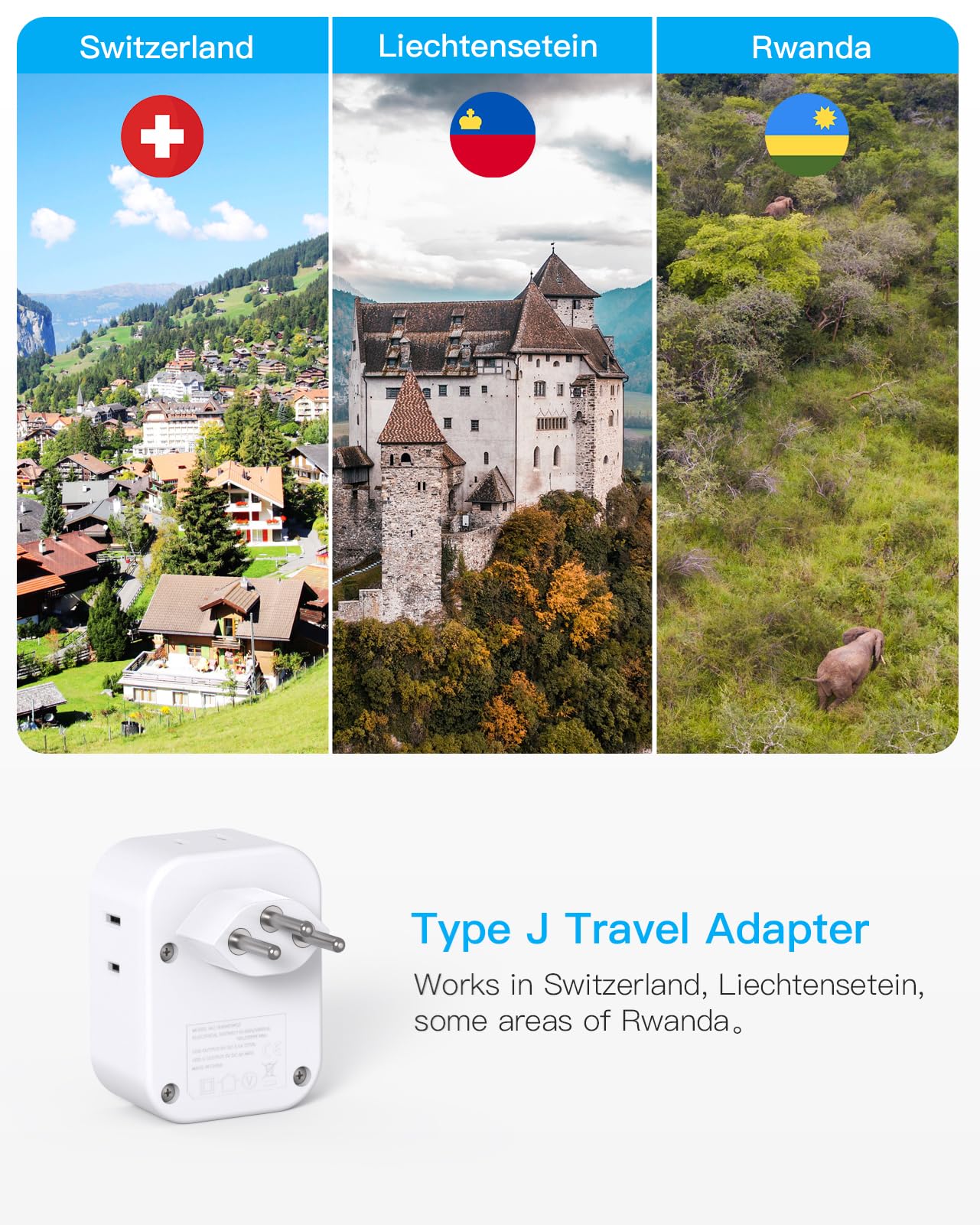 2 Pack Switzerland Travel Plug Adapter, Type J Power Adapter With 4 Outlets 4 Usb Ports (2 Usb C), Swiss Plug Adapter For Us To