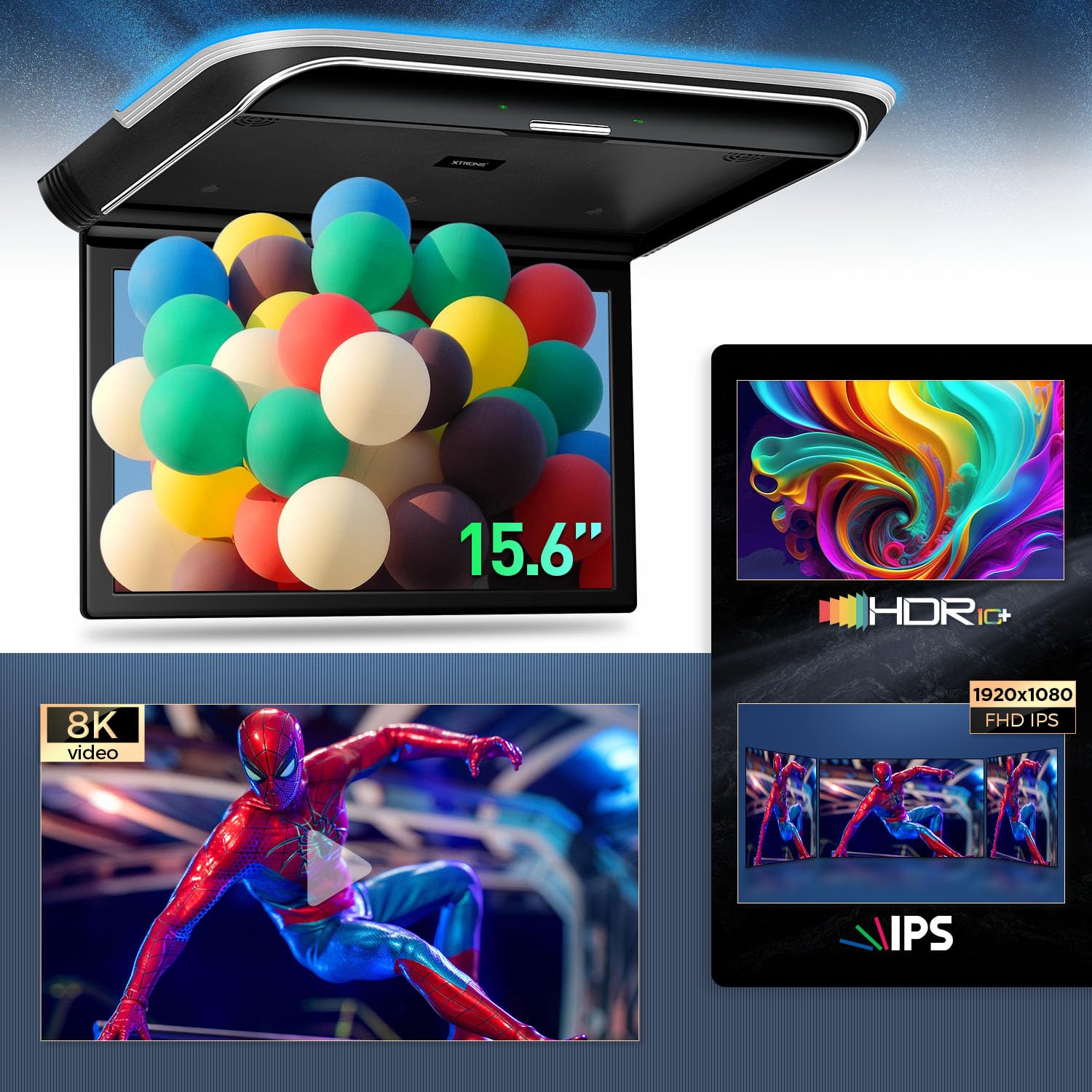 Xtrons Android Car Overhead Player 15.6    Wide Ips Touch Screen 8K Video Car Roof Mount Monitor With Built In Stereo Speakers F