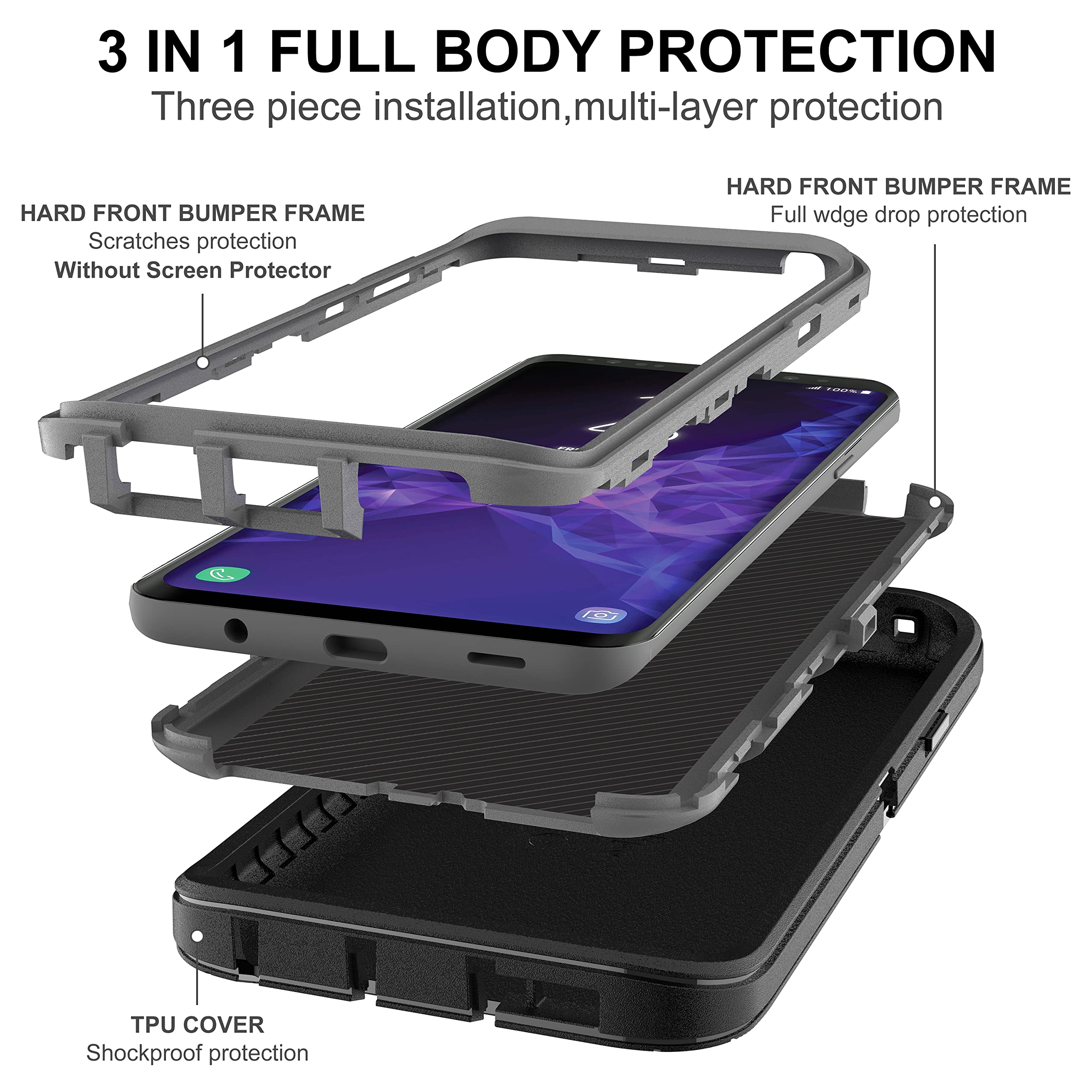 Hong Amy For Galaxy S9 Case, Samsung Galaxy S9 Case With Self Healing Flexible Tpu Screen Protector [2 Pack], 3 In 1 Full Body S