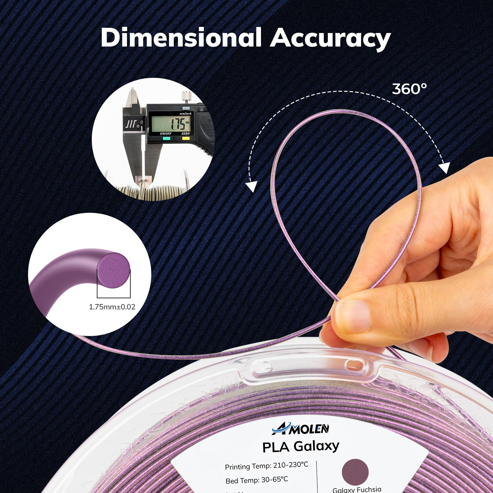 Amolen Pla 3D Printer Filament, Galaxy Fuchsia Color Changing With Light Filament 1.75Mm,Shiny Sparkle 3D Printing Filament For