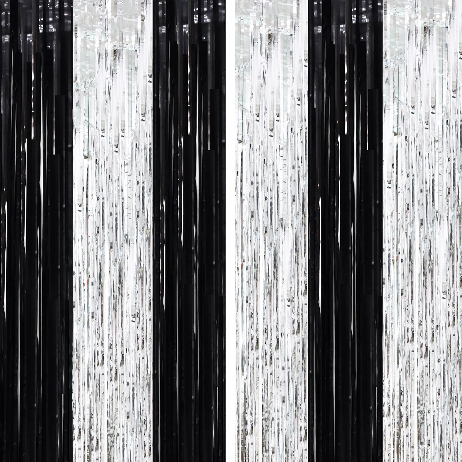 Voircoloria 2 Pack Black And Silver Tinsel Foil Fringe Curtains, Black White Party Decorations, Metallic Tinsel Party Streamers