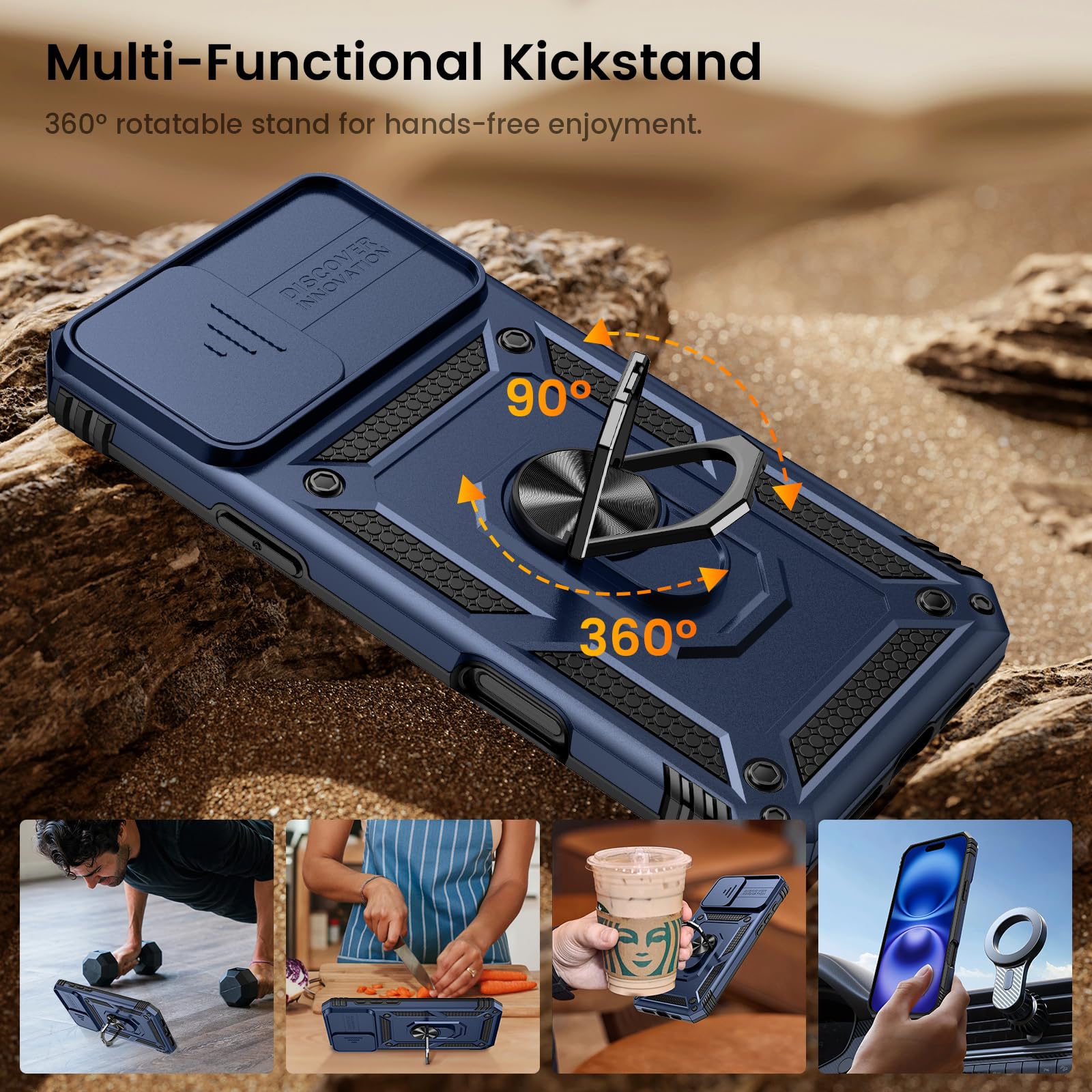 Goton Compatible For Iphone 16 Case With Screen Protector   Slide Camera Cover Protective Phone Case With Ring Stand, Heavy Duty