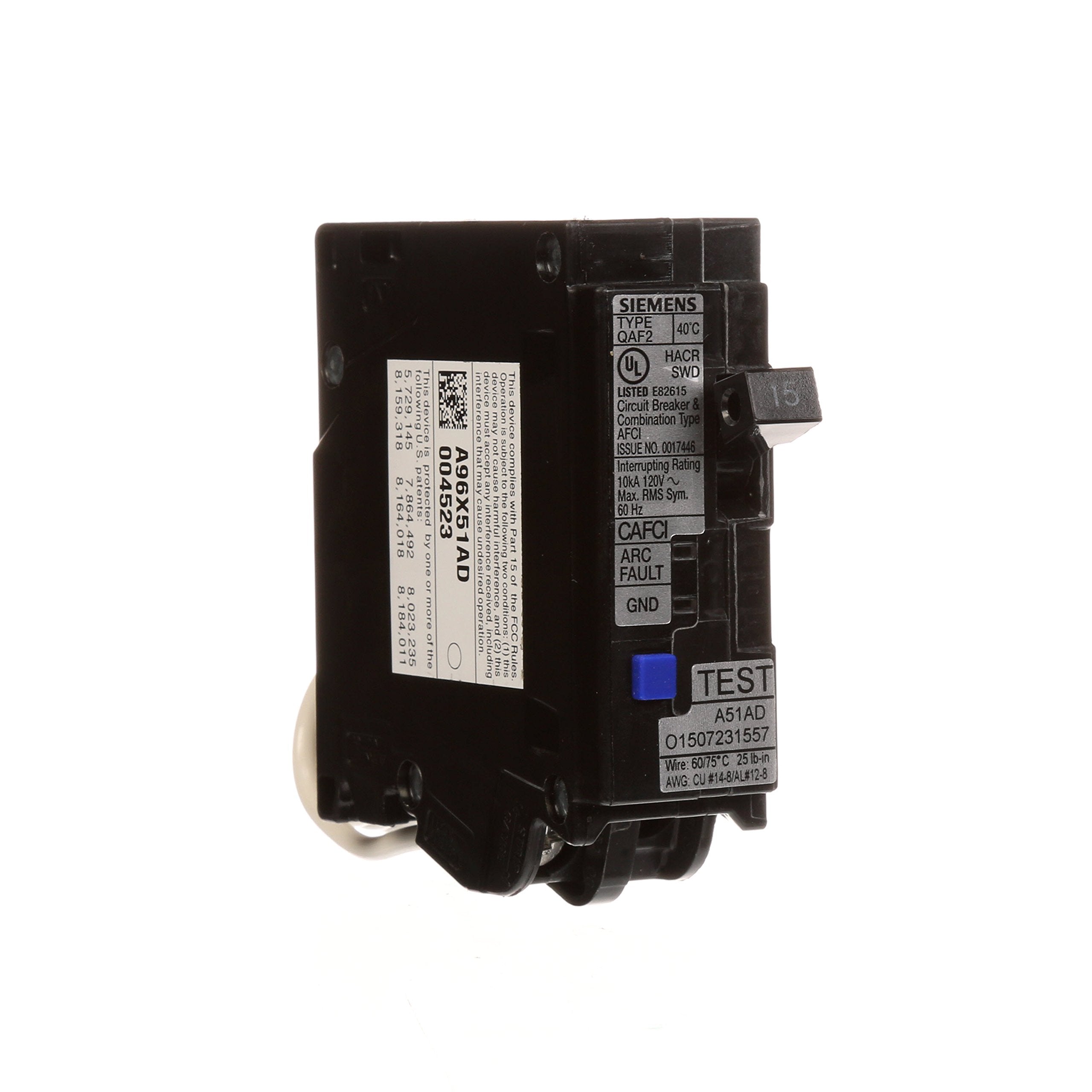 Siemens Qa115Afc 15 Amp Single Pole 120 Volt Plug On Combination Afci Breaker, Black