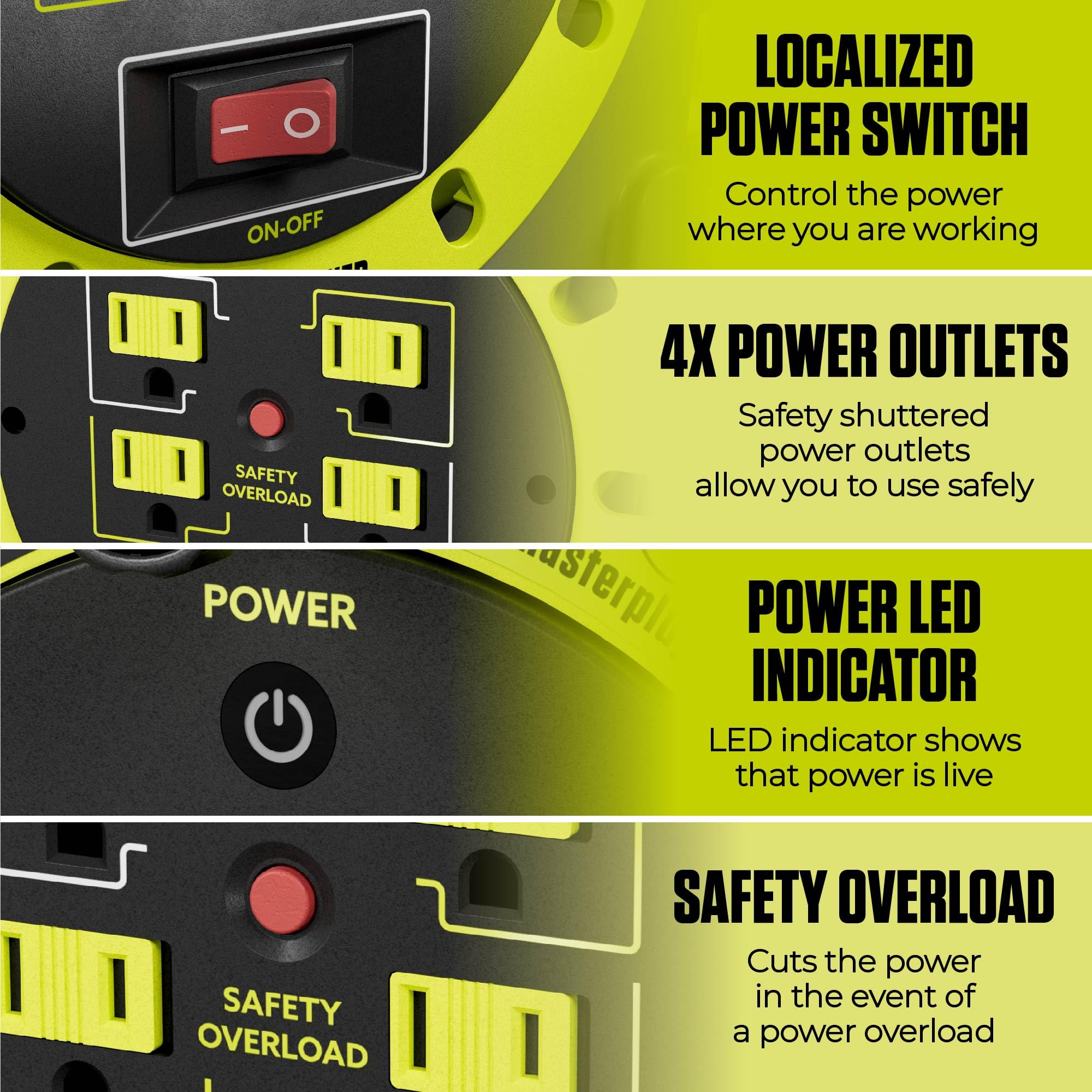 Masterplug 40Ft Case Cord Reel, Retractable Extension Lead With Winding Handle, Safety Overload Circuit Breaker And Power Switch