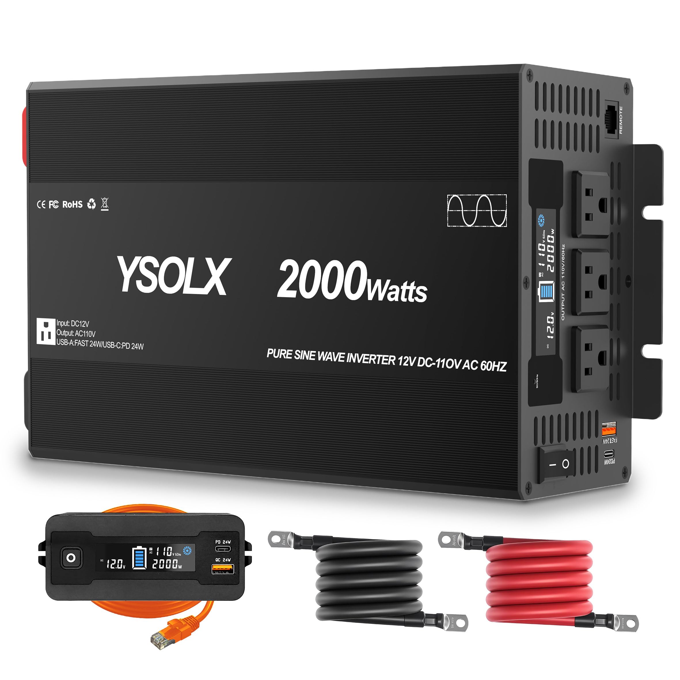 YSOLX 2000W Pure Sine Wave Power Inverter 12V to 110V/120V AC Converter for Home, RV, Truck, AC Hardwire Port, Remote Controller