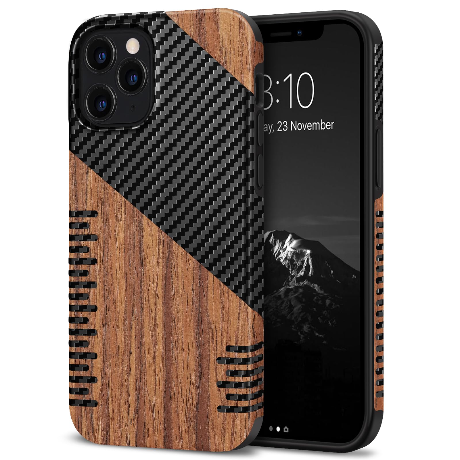 TENDLIN Compatible with iPhone 12 Pro Max Case Wood Grain with Carbon Fiber Texture Design Leather Hybrid Slim Case (Twill)