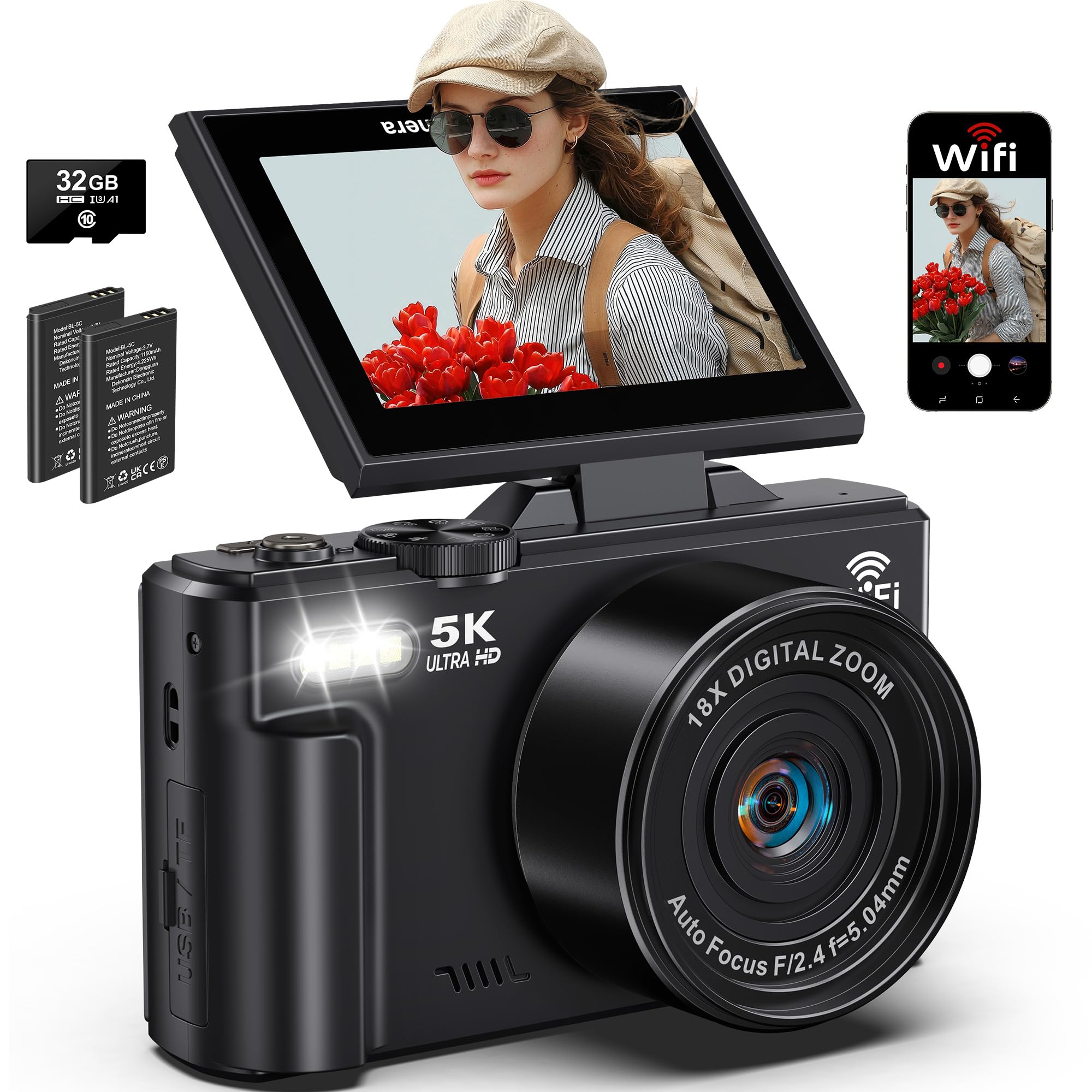 5K Digital Camera For Photography, 75Mp Wifi Vlogging Camera For Youtube With 3inch 180 Flip Screen, 18X Zoom Uhd Autofocus Video C
