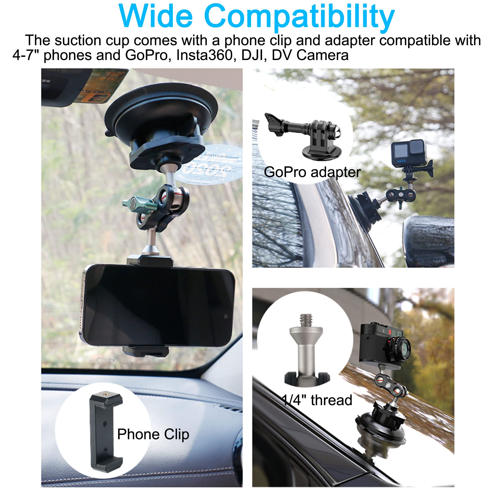 Pellking Camera Suction Cup Mount With Phone Holder And Action Camera Adapter Accessories For Insta360 X4 X3, One X2, One Rs, Gopro Hero 13 12 11 10 9 8 7 6 5 Max, Dji Action 5 4 3 2 Etc