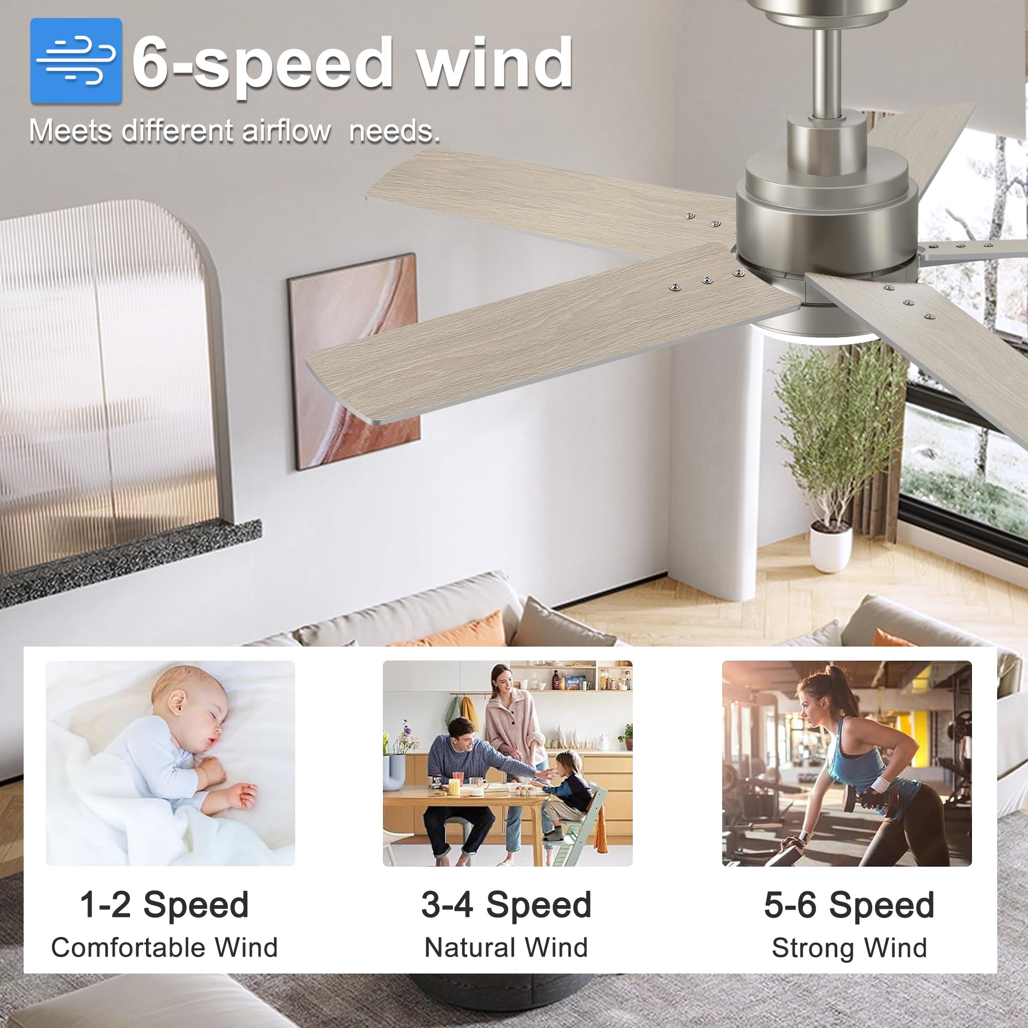 42 Inch Nickel Ceiling Fan With Light And Remote Control. Dimmable 3 Color Temperatures Led Ceiling Fan. 6 Speeds Reversible Dc