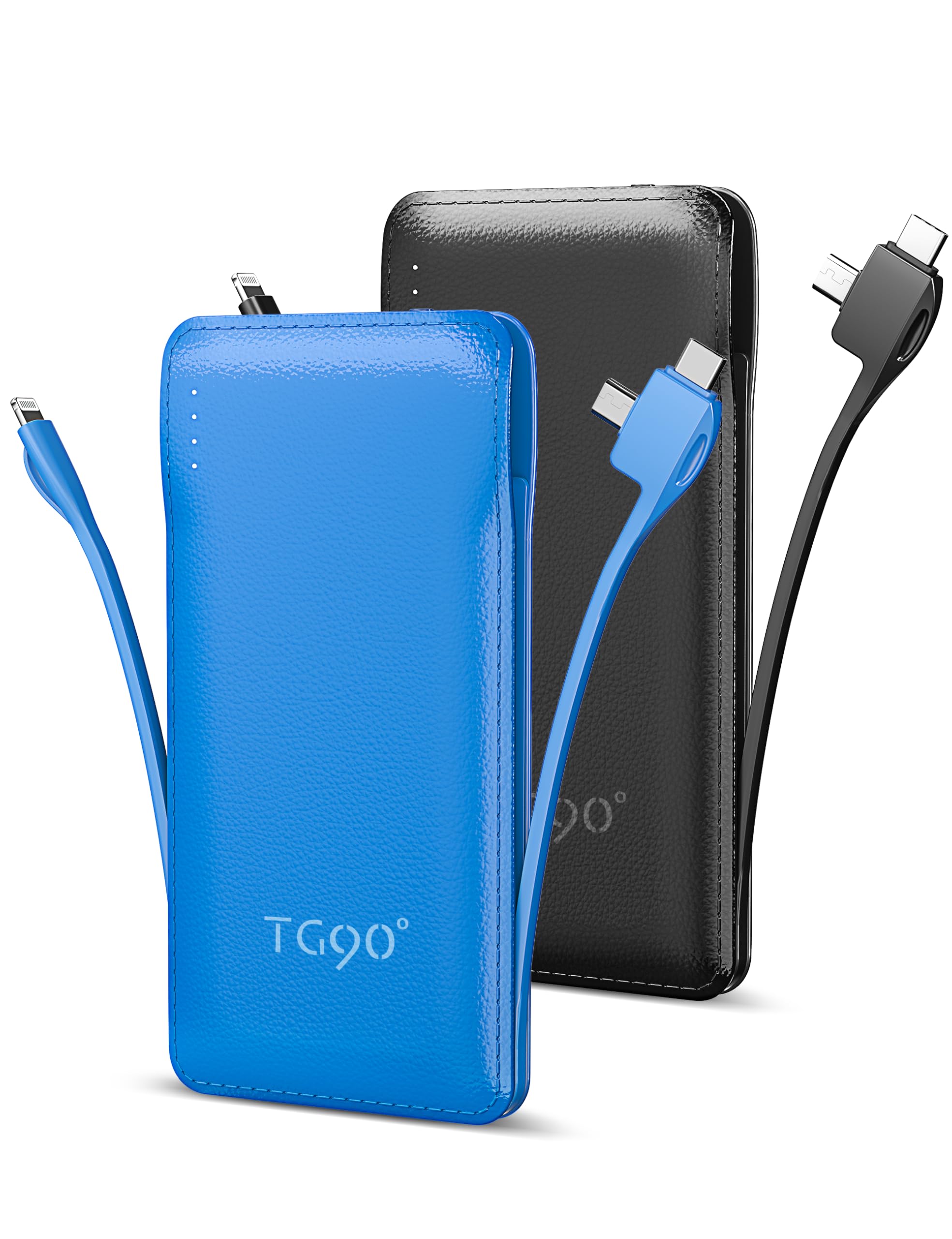 Tg90 2 Pack Slim Portable Charger With Built In Cables,10000Mah Power Bank Travel Charger Cell Phone External Battery Pack,4 Out
