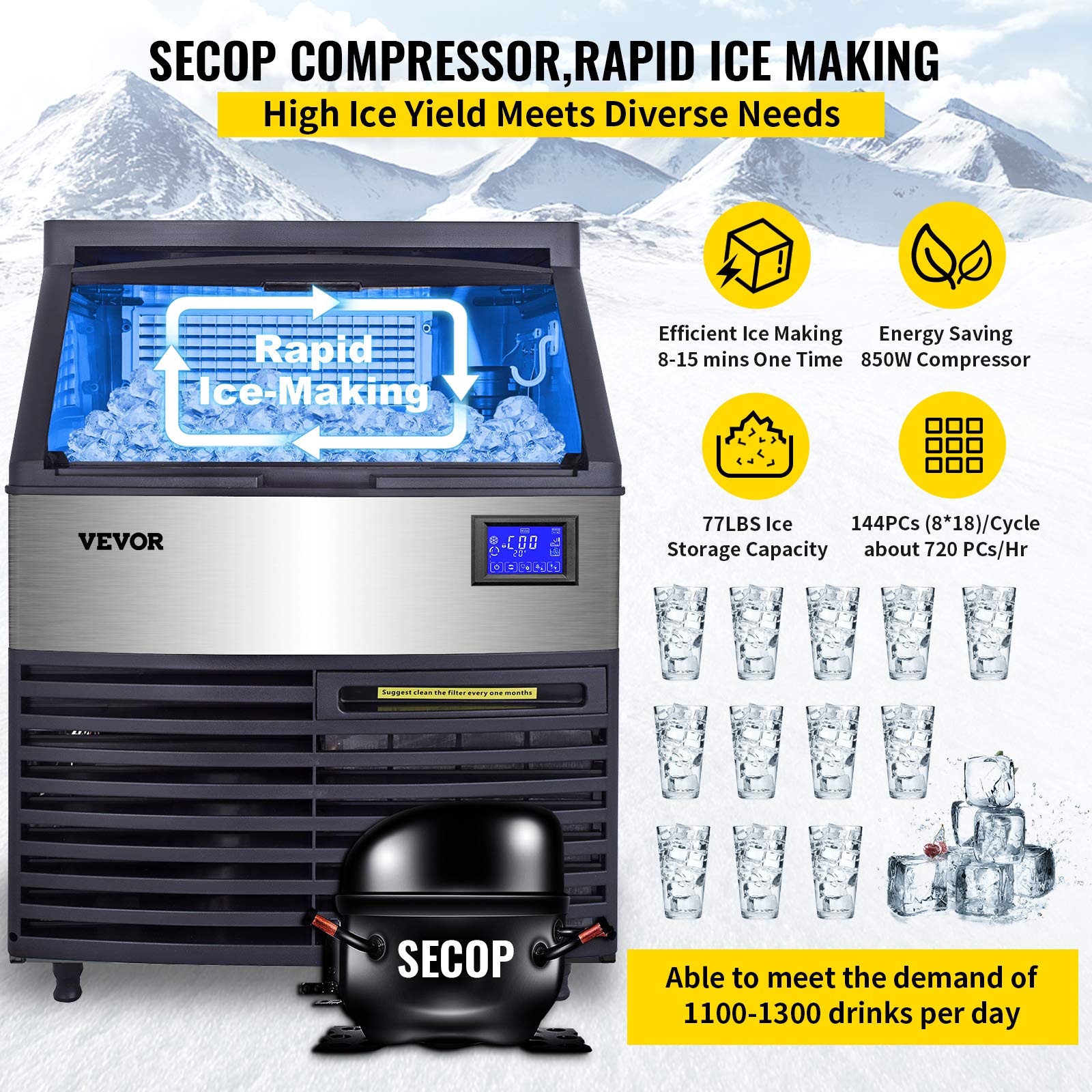 Vevor Commercial Ice Maker Machine, 440Lbs/24H Etl Approved Ice Machine Under Counter Ice Maker Machine With Secop Compressor,77