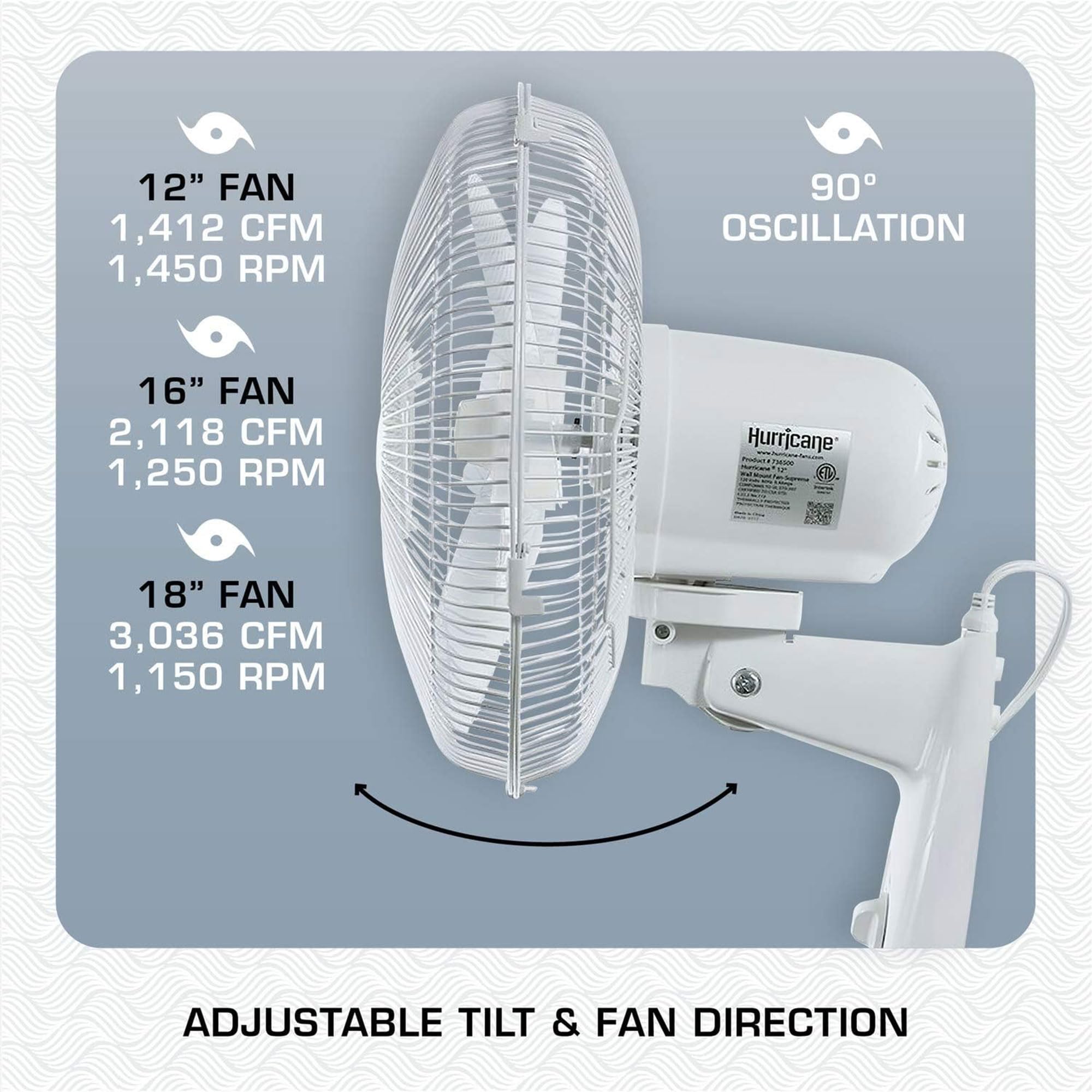Hurricane Supreme 16'' Oscillating Wall Mount Fan   Space Saving, Powerful & Quiet 3 Speed Airflow, Adjustable Tilt For Home, Ga