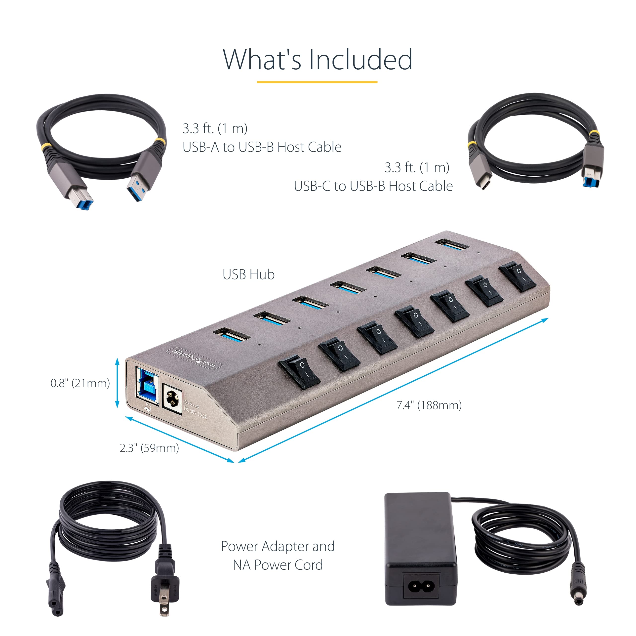 Startech.Com 7 Port Self Powered Usb C Hub With Individual On/Off Switches, Usb 3.0 5Gbps Expansion Hub W/Power Supply, Desktop/