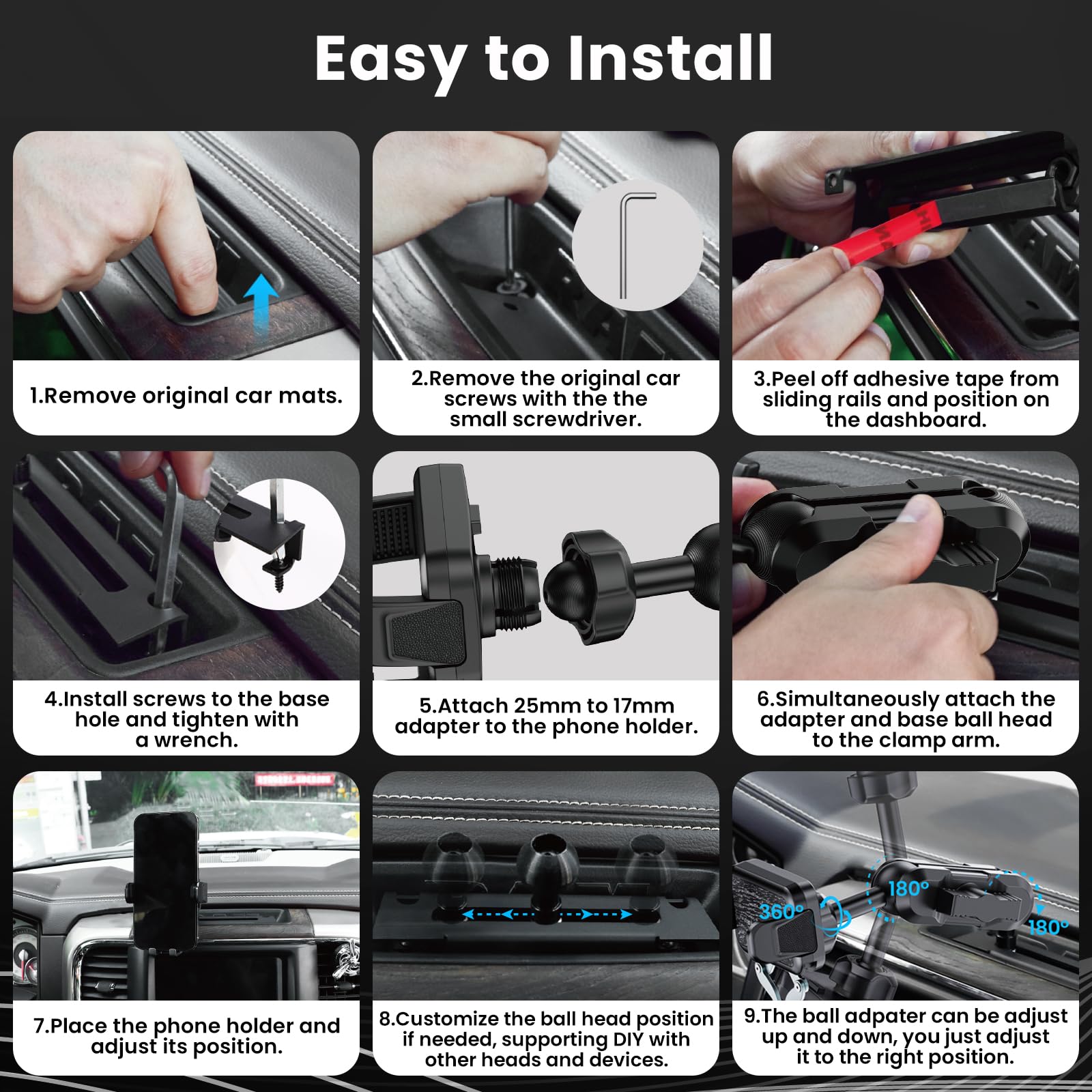 Kaishengyuan Metal Phone Mount For Ram Truck 2013-2018, Dash Mount Cell Phone Holder Compatible With Ram 1500/2500/3500 & 2019+