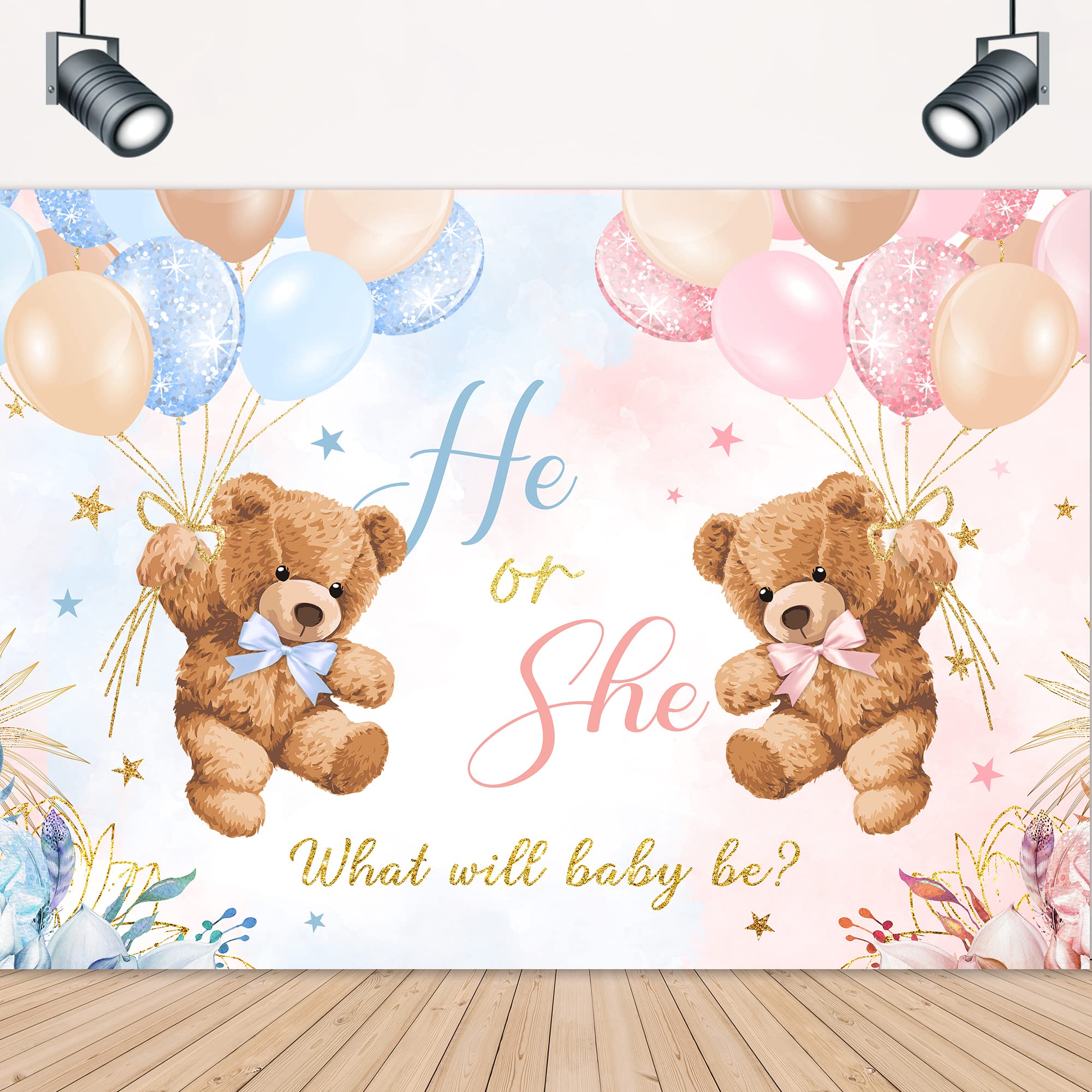 Lightinhome Bear Gender Reveal Backdrop 7Wx5H Feet He Or She Pink Or Blue Boho Floral Balloons We Can Bearly Wait Baby Shower Mo