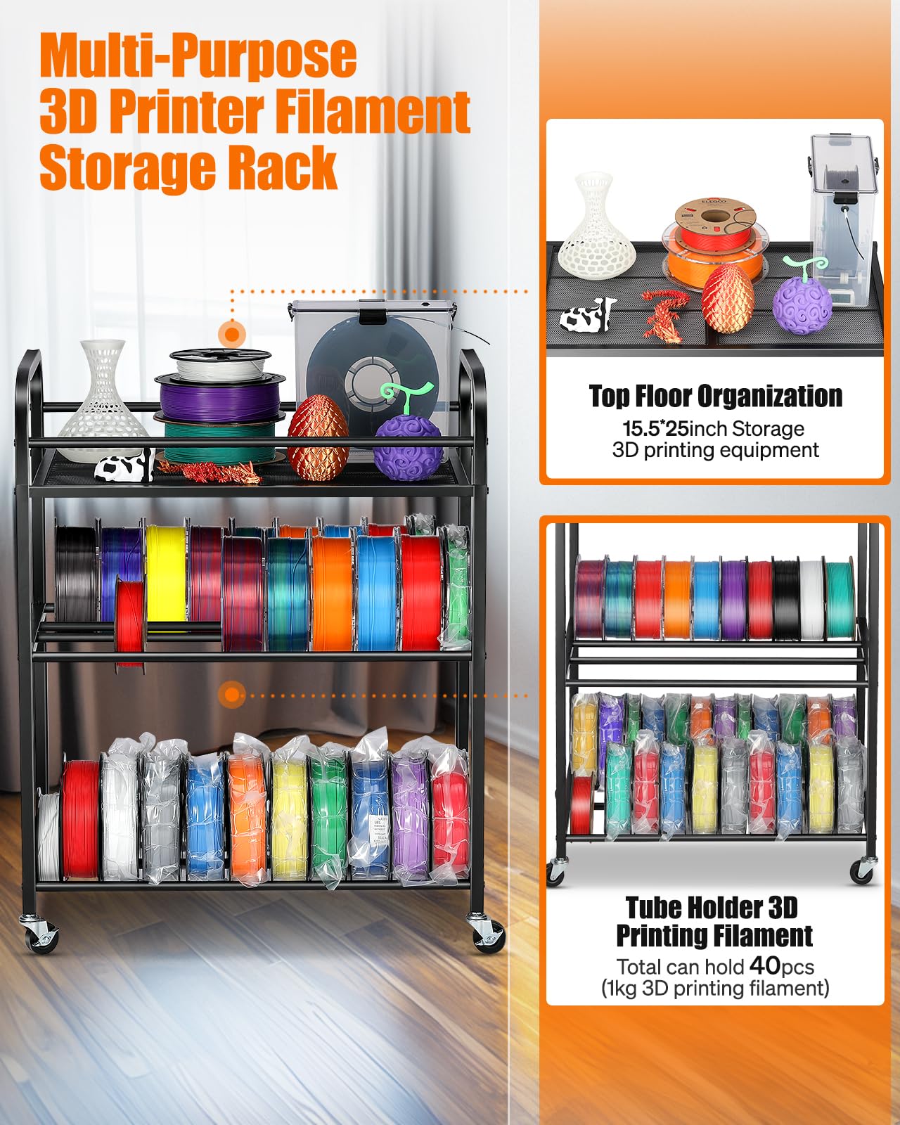 3D Printer Filament Storage Rack- Rolling Filament Spool Holders Racks With Wheels, Heavy Duty Metal Shelf For Pla/Abs/Tpu/Nylon