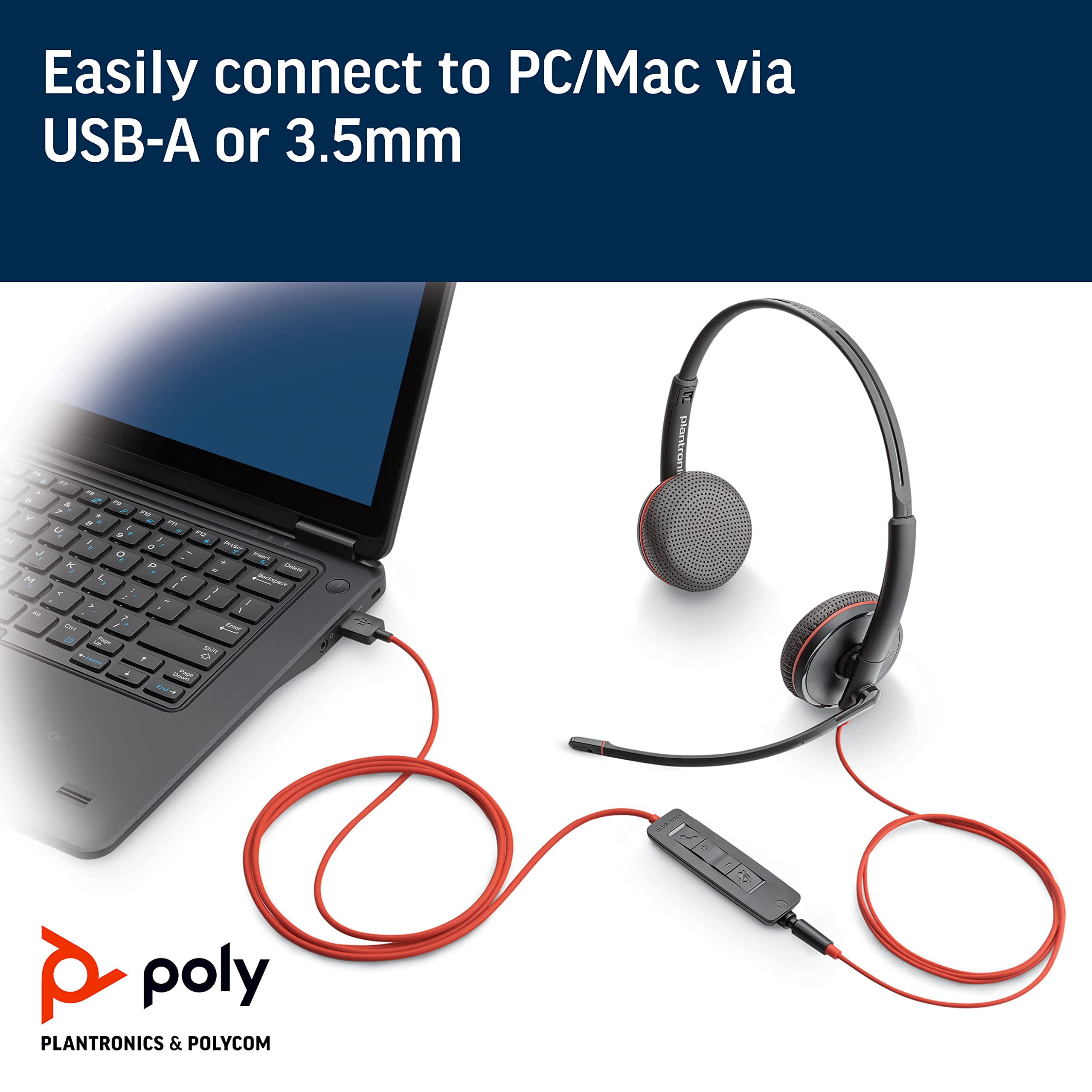 Plantronics - Blackwire 3325 Wired Stereo Headset With Boom Mic (Poly) - Connect To Pc/Mac Via Usb-A Or Mobile/Tablet Via 3.5 Mm