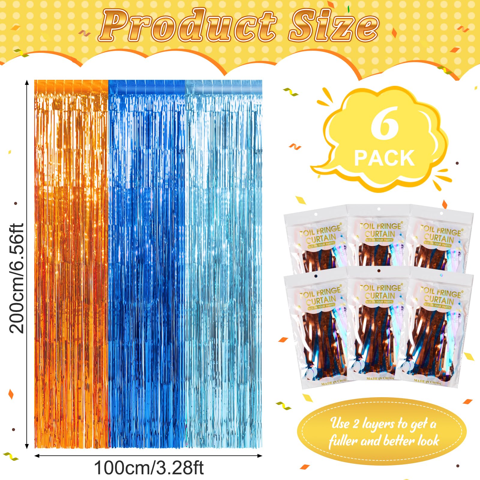 6 Pack 3.3X6.6Ft Blue Dog Foil Fringe Curtains Backdrop Decorations, Orange Blue And Light Blue Birthday Party Tinsel Metallic S