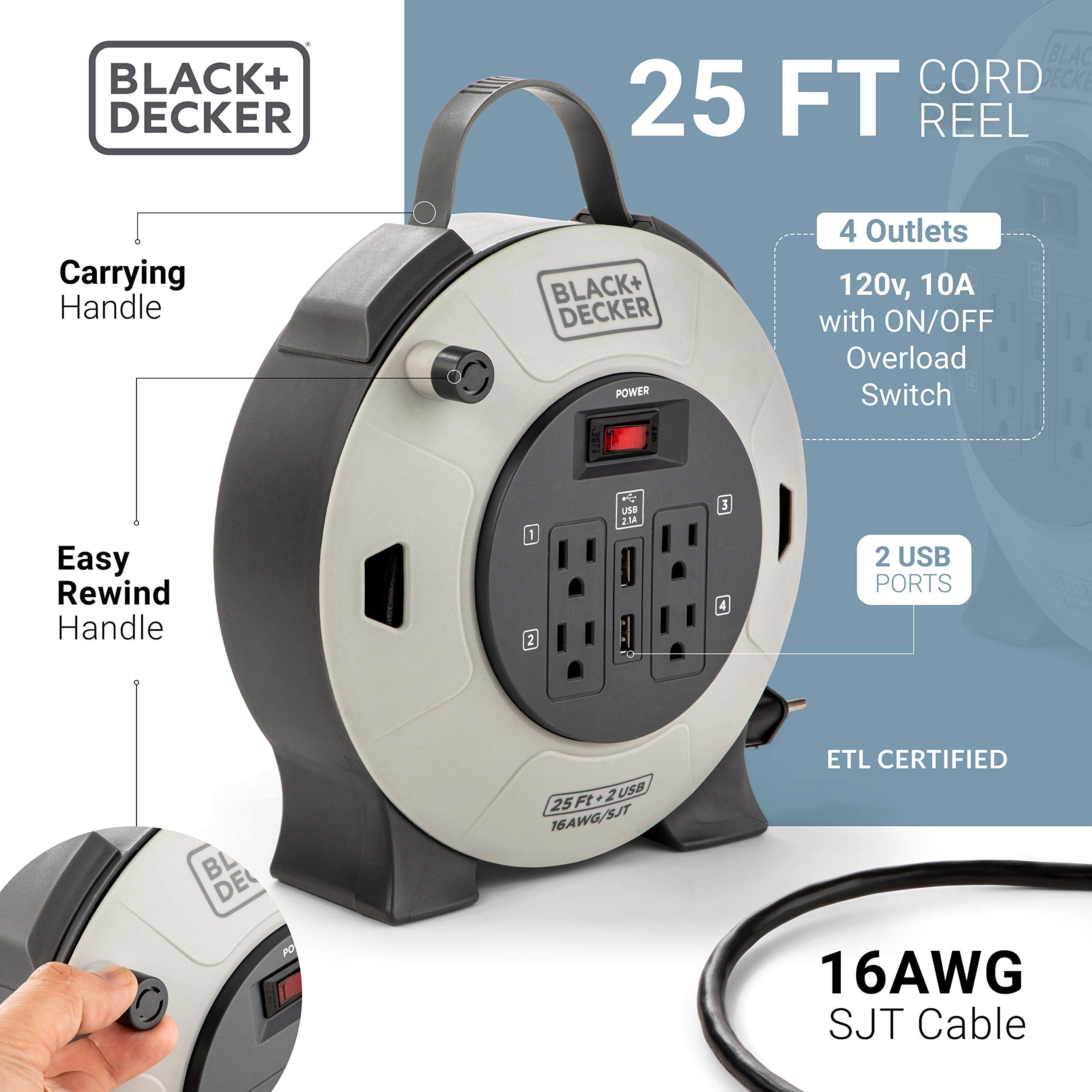 Black+Decker 25 Ft. Retractable Extension Cord Reel With 4 Outlets, 2 Usb Ports, Multi Plug Extension, On/Off Switch & Heavy Dut