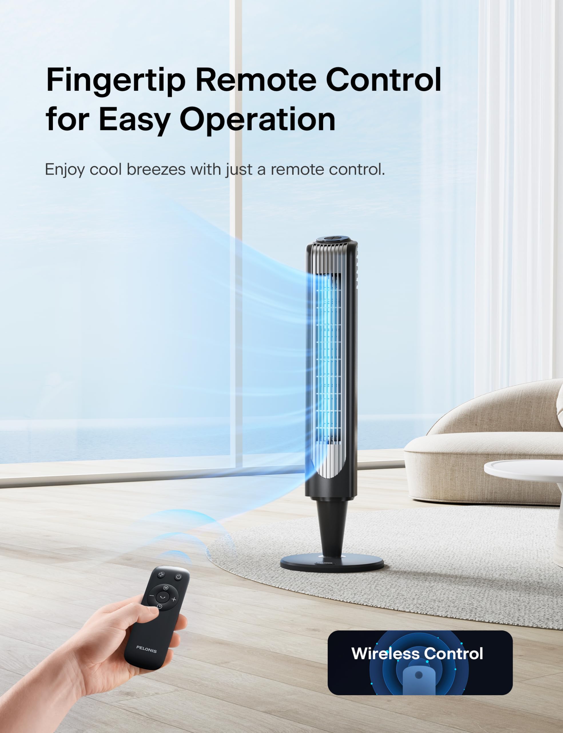 Pelonis 36 Inch Tower Fan For Bedroom   Oscillating Tower Fan With Remote Control   Indoor Quiet Fan With 3 Speeds, 4 Modes And