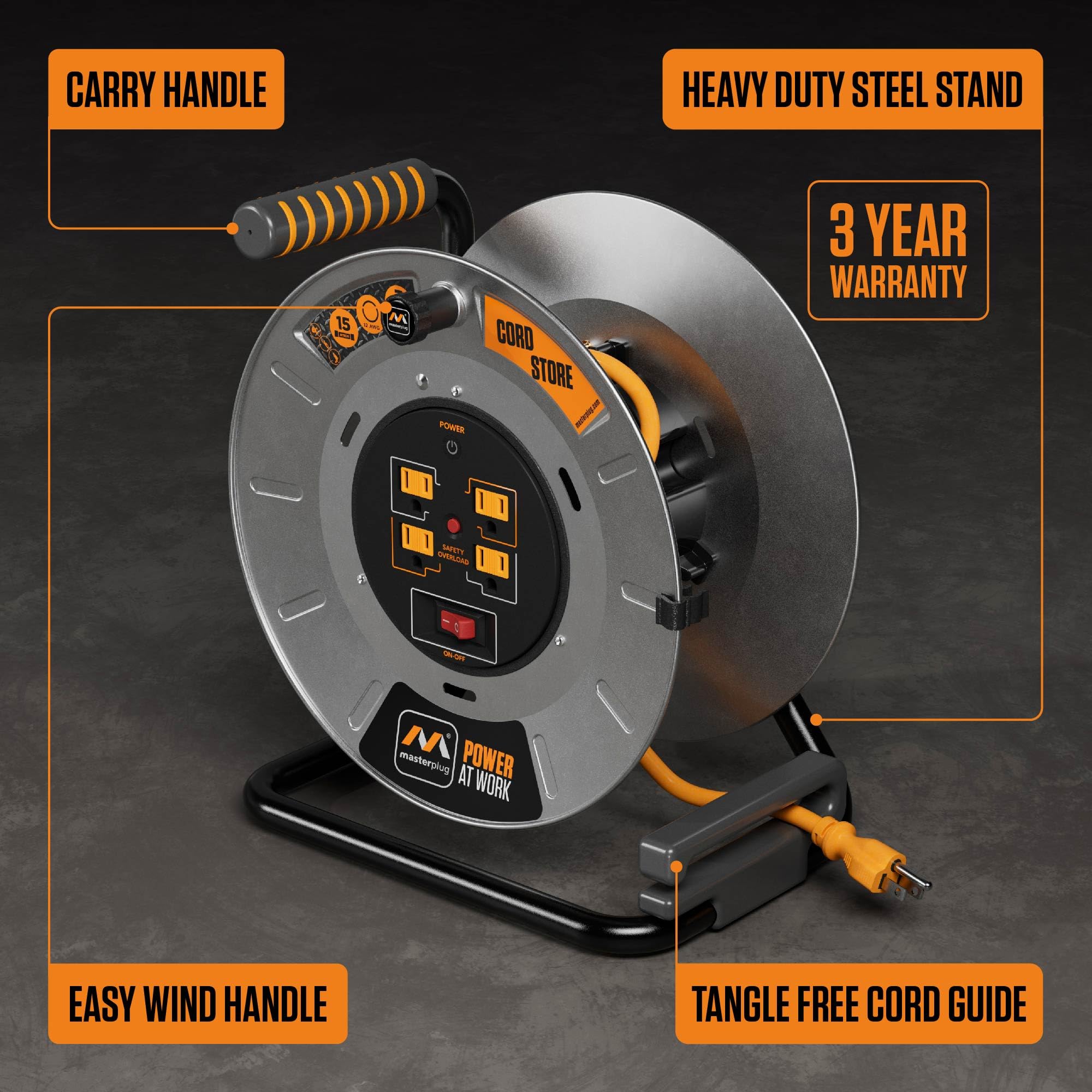 Masterplug 1Ft Cord Reel, Metal Cable Drum, Retractable Extension Lead With Winding Handle, Safety Overload Circuit Breaker And