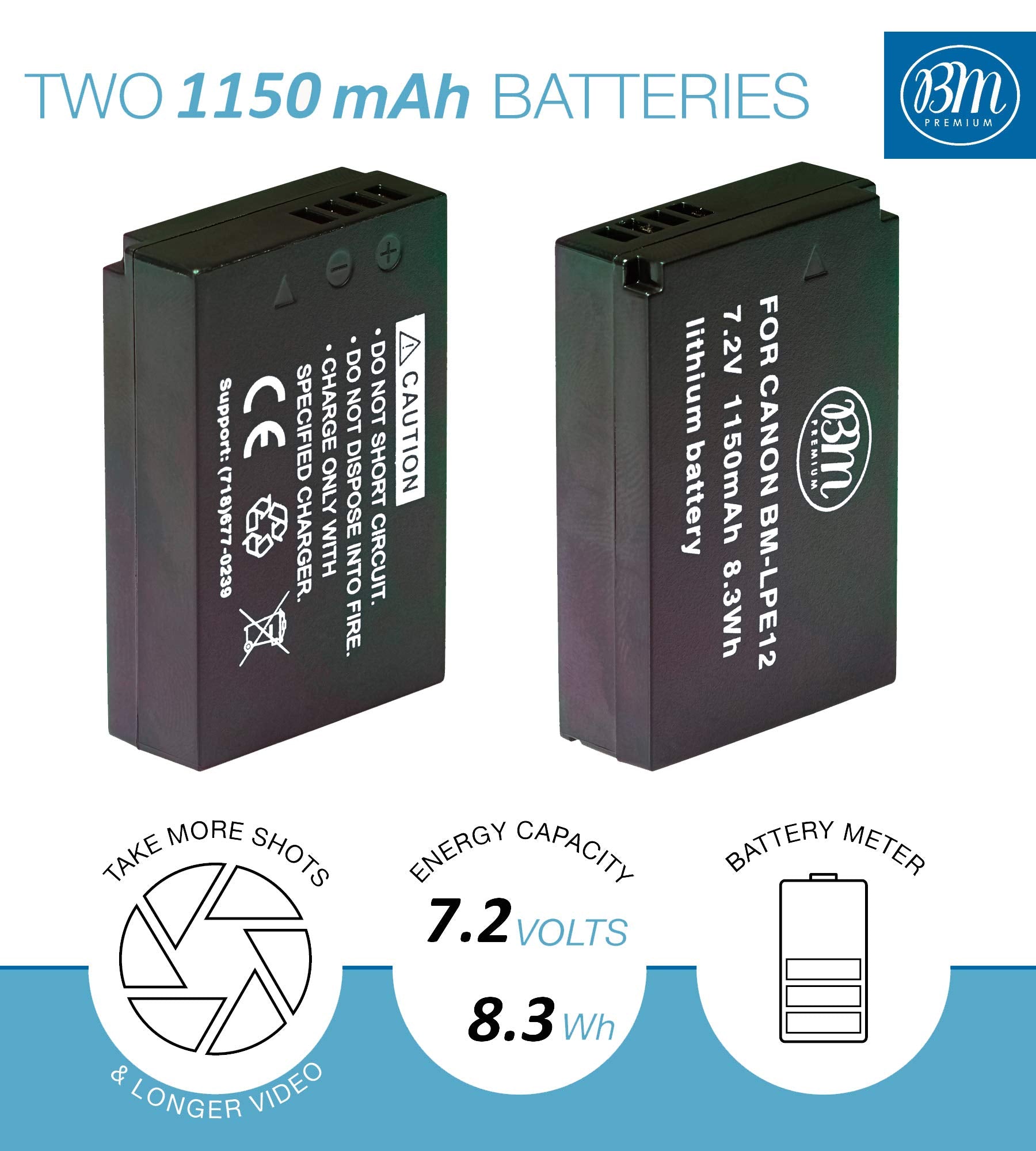 BM Premium 2-Pack LP-E12 Camera Battery & Charger Kit for Canon EOS M M50 M100 Rebel SL1 SX70 HS