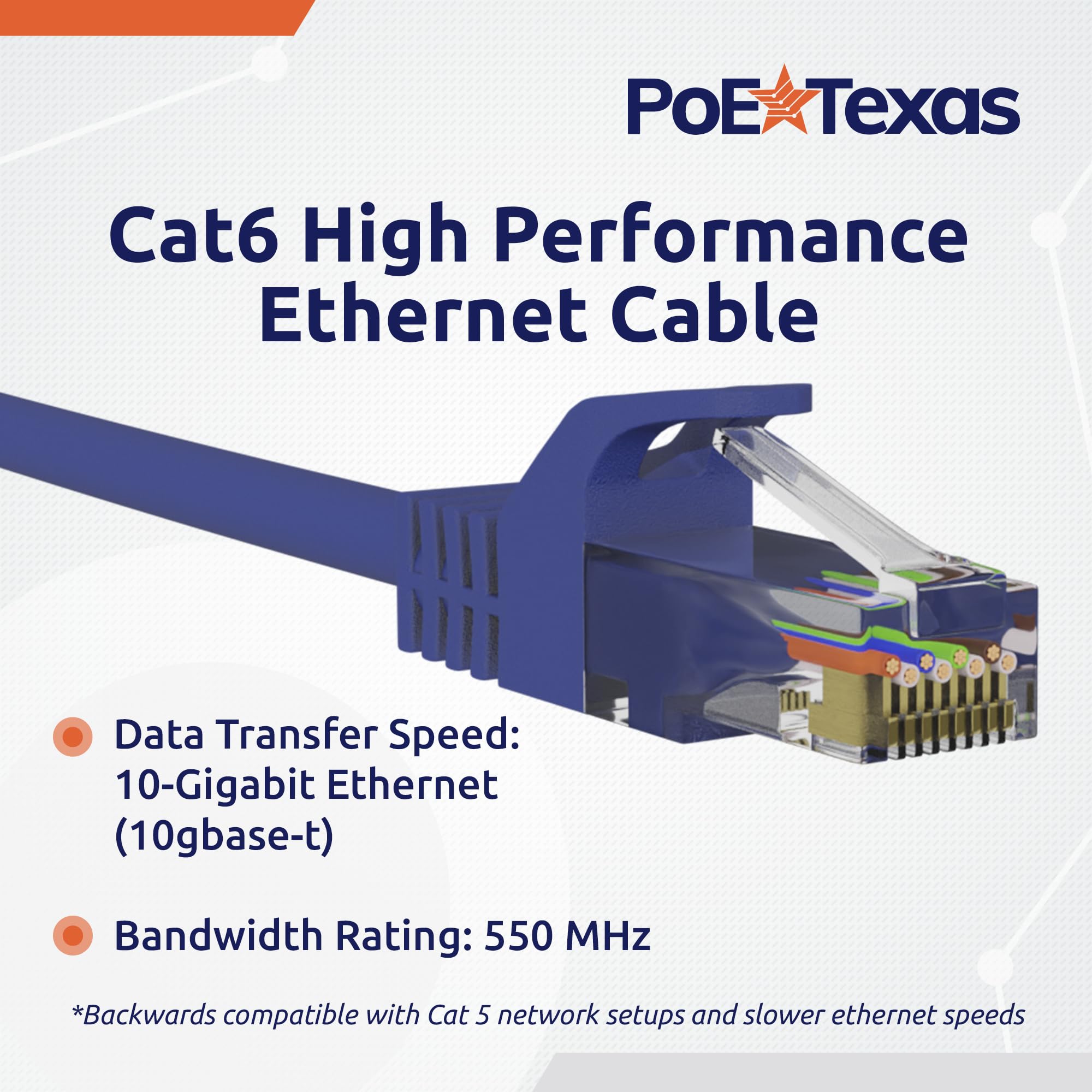 Poe Texas Cat 6 Ethernet Cable 7 Ft   10 Pack   Snagless Patch Cable   10 Gigabit High Speed 24Awg Network Cable   Cat6 Ethernet Cable Cat 6 Cable   Cat 6 Internet Cable Ethernet Cord (Blue, 7 Feet)