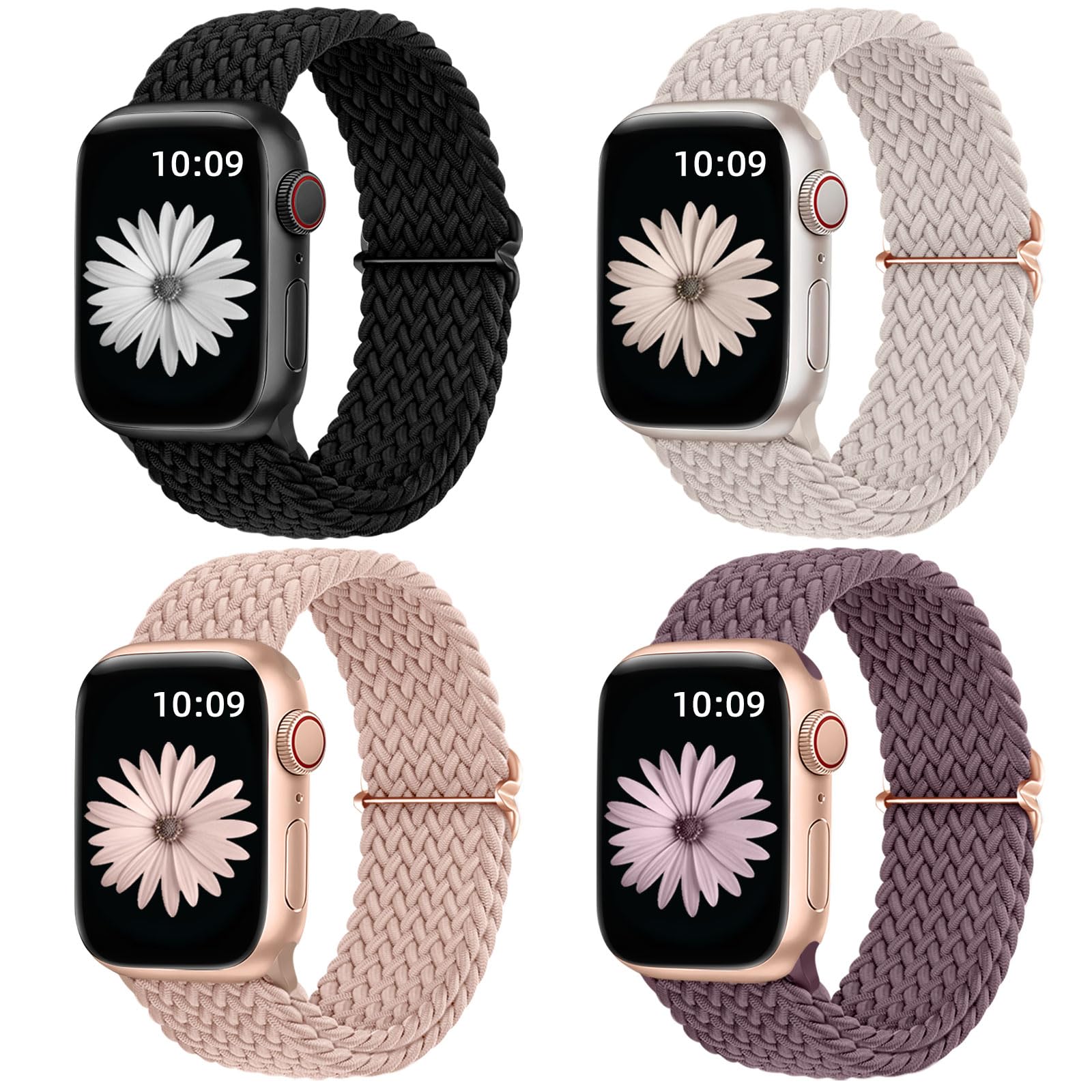4 Pack Braided Solo Loop Compatible With Apple Watch Band 44Mm 45Mm 42Mm 49Mm 38Mm 41Mm 40Mm Women, Stretchy Nylon Elastic Sport