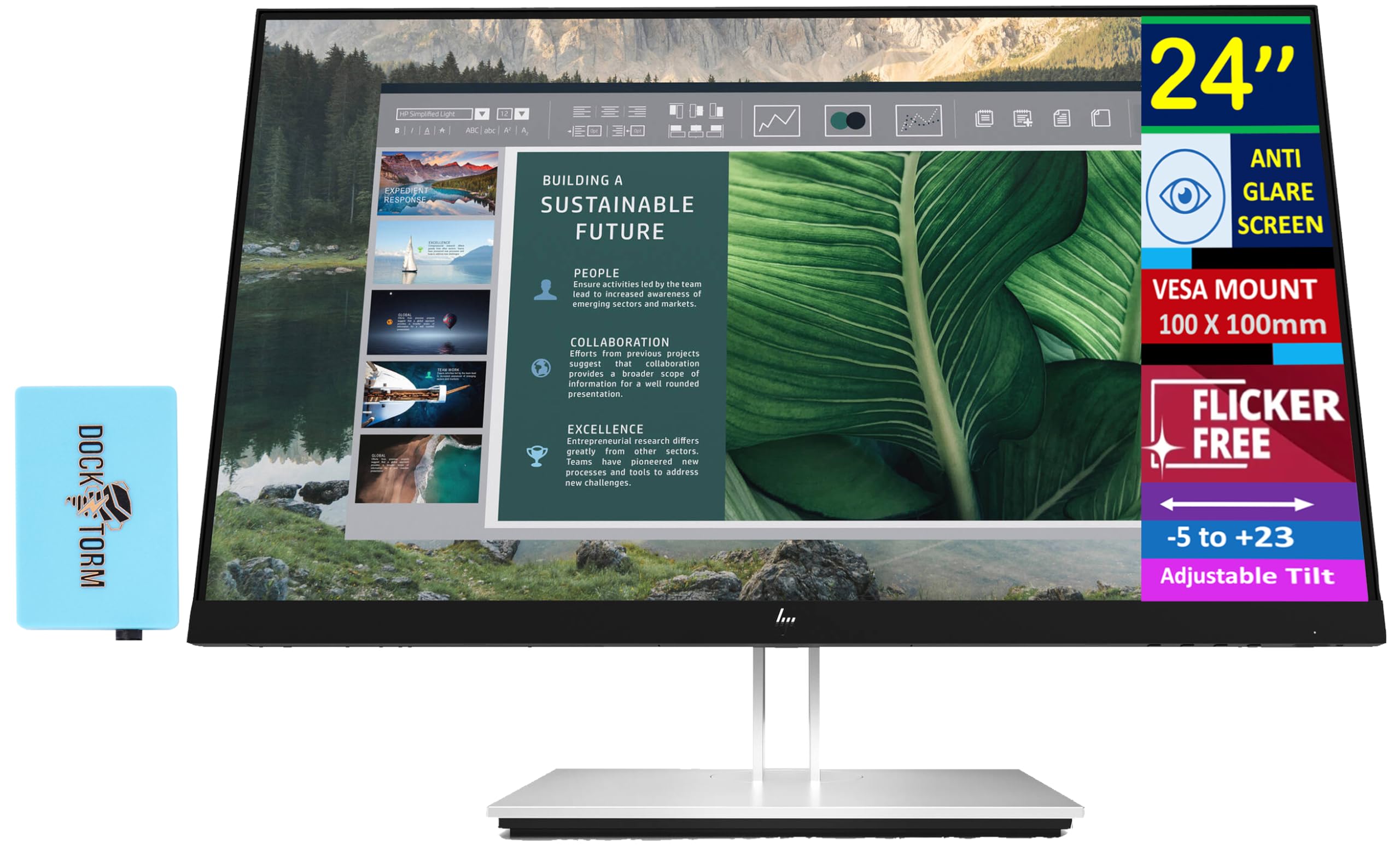 HP 24 E24u G4 FHD USB-C Monitor w/5ms Response Time, Anti-Glare, Flicker Free, VESA Mount (100mm), Display Port & Dockztorm USB 