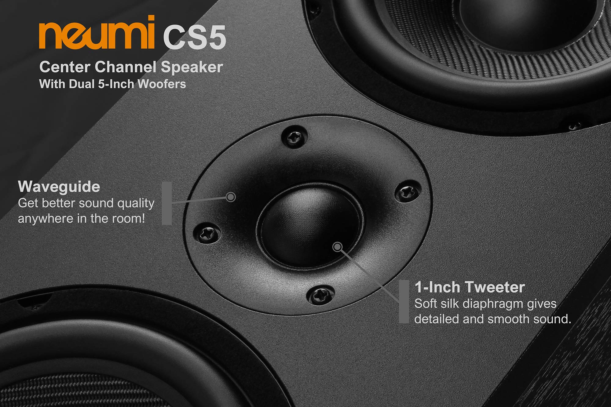Neumi Cs5 Center Channel Speaker, Dual 5-Inch Woofers, 1-Inch Tweeter, Dark Wood, Single