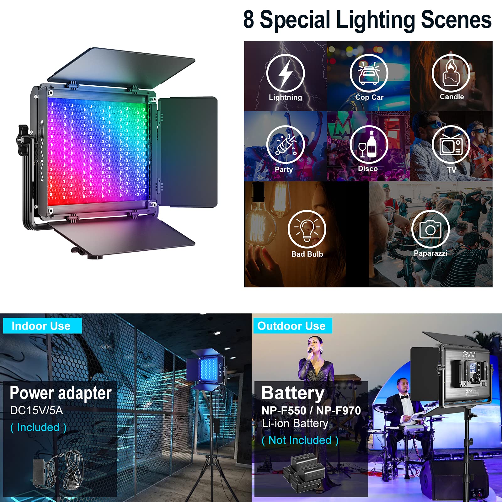 Gvm 65W Rgb Video Light With Bluetooth Control, 1300D Led Video Lighting Kit, 25000Lux/0.5M, 360 Full Color Photography Lighting