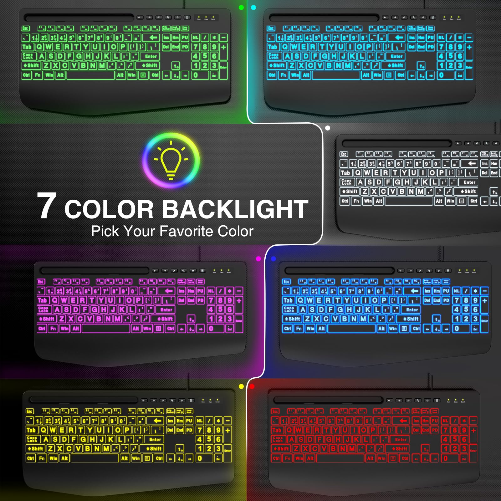 Sablute Large Print Backlit Computer Keyboards, Wired Lighted Usb Keyboards With 7 Color Backlit, Wrist Rest, Phone Holder, Easy